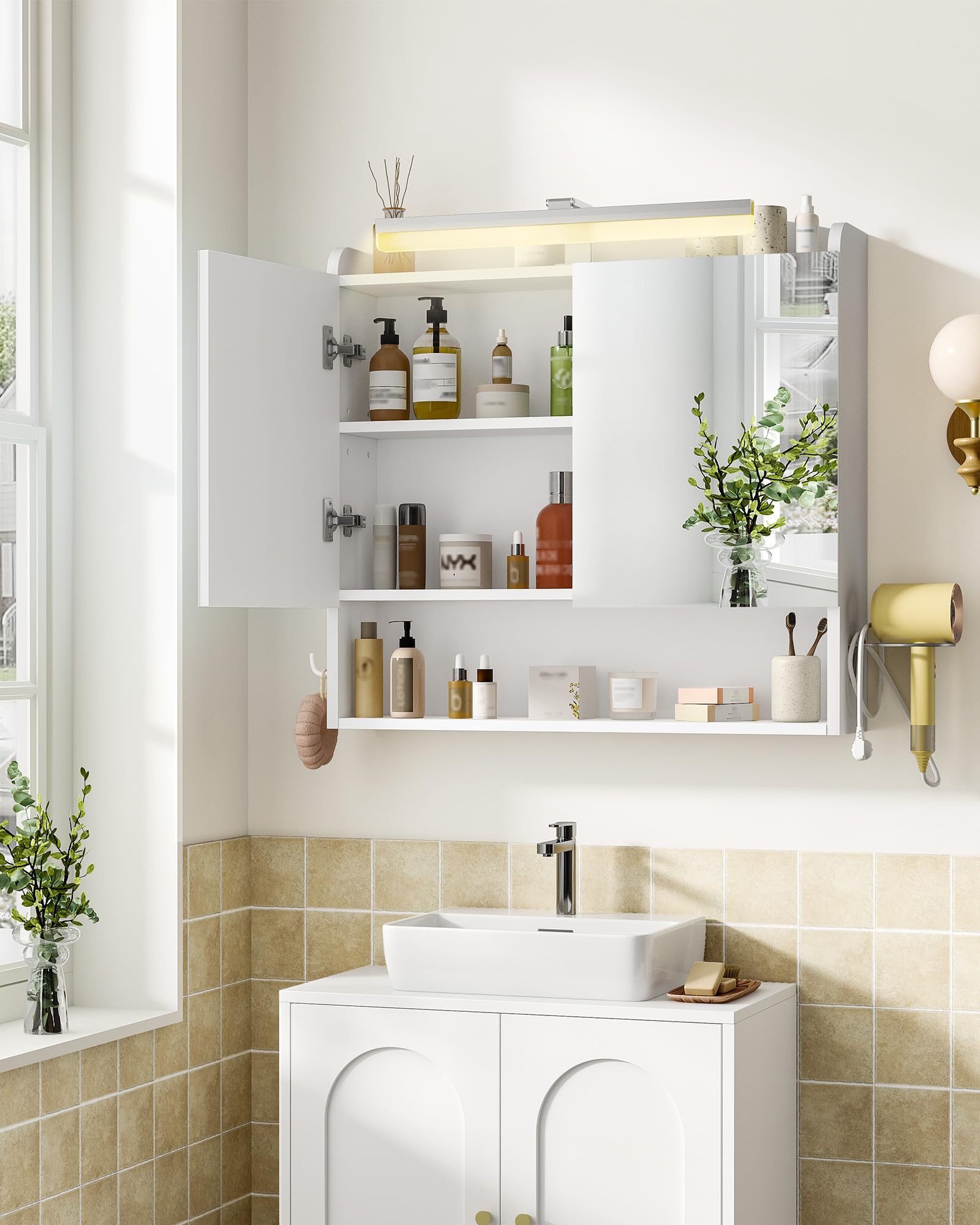 Hzuaneri Bathroom Cabinet with Mirror, LED Lights, Hair Dryer Shelf, Hooks, White, 16.5 x 70 x 75 cm - Image 8