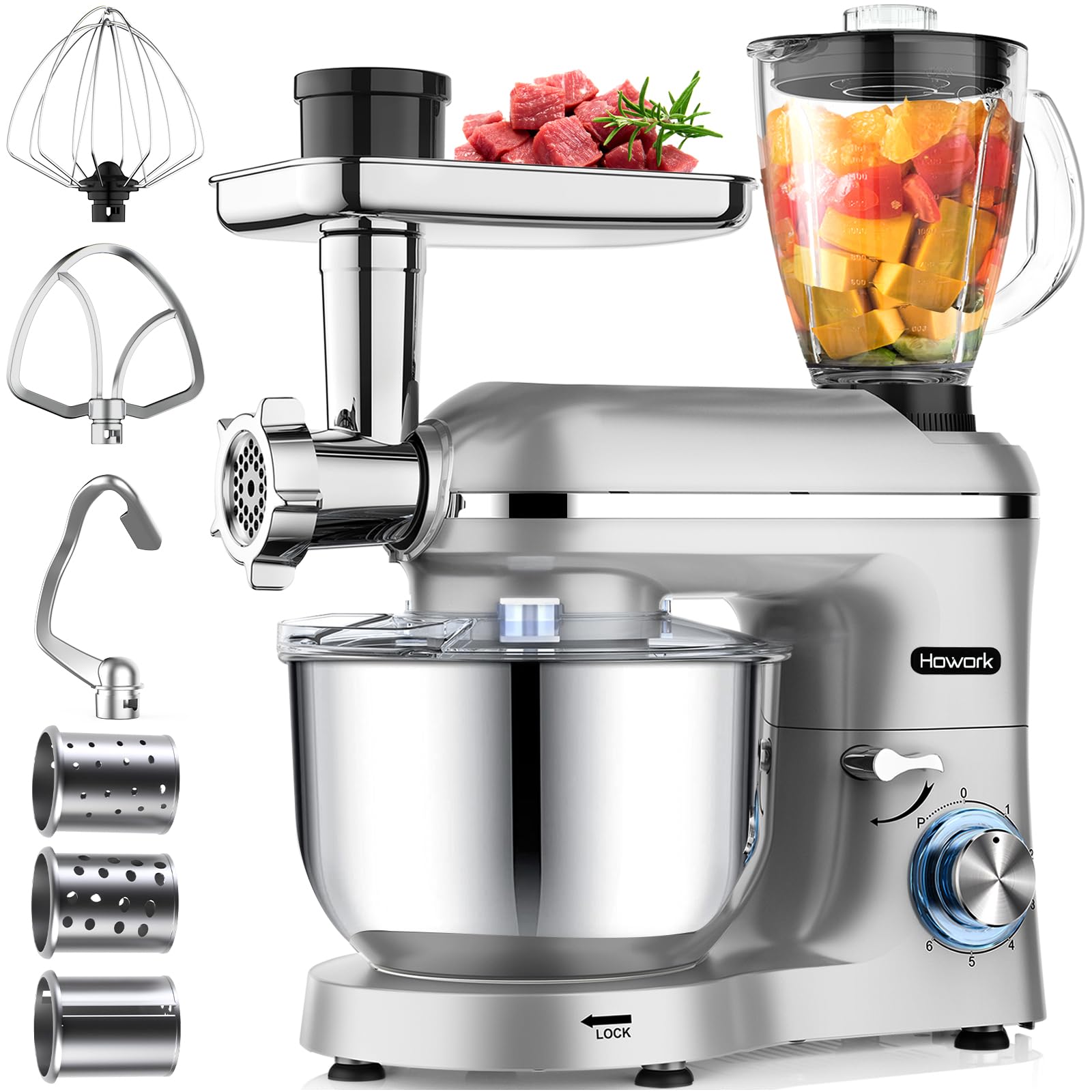 HOWORK Batidora de pie, batidora de alimentos de 6.2 L, 1500 W, mezclador eléctrico de cocina multifuncional con gancho de masa, batidor, batidor