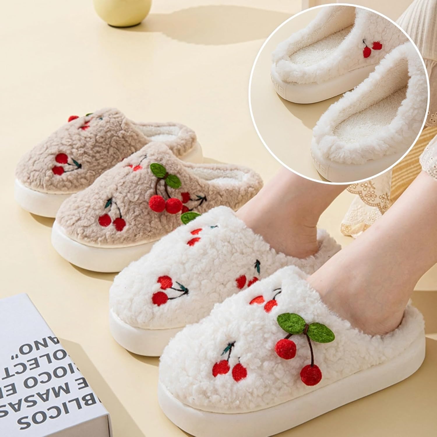 Women's Cherry Slippers Cozy Winter Warm Fuzzy Slippers with Non-Slip Sole Cute Indoor Home Slip On Plush Bedroom House Shoes Gifts - Image 7