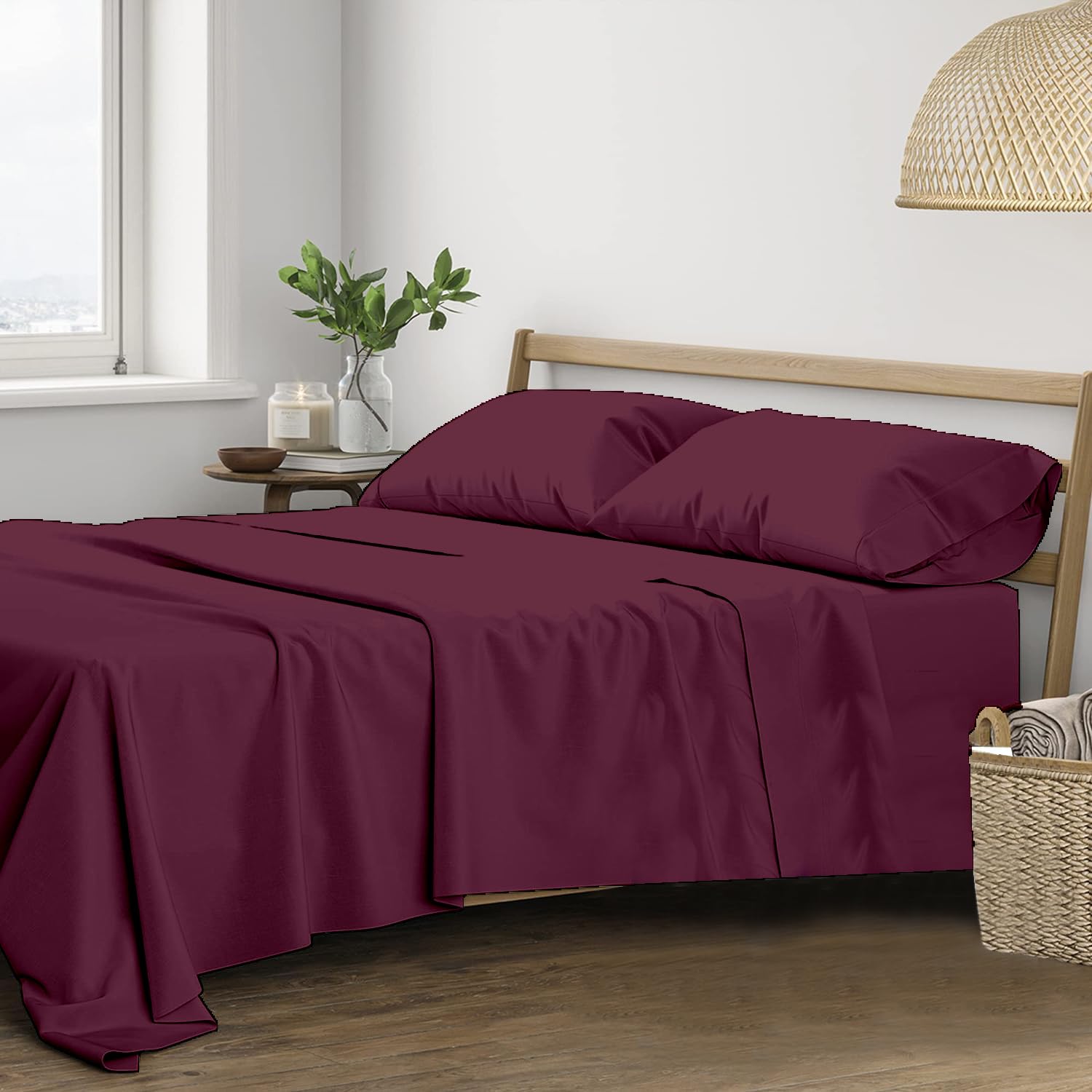 Trance Home Linen Pure 100% Cotton 400TC Plain King Size Bedsheet with 2 Pillow Covers (108 x 108 Inch | 9ft x 9ft, Deep Wine)