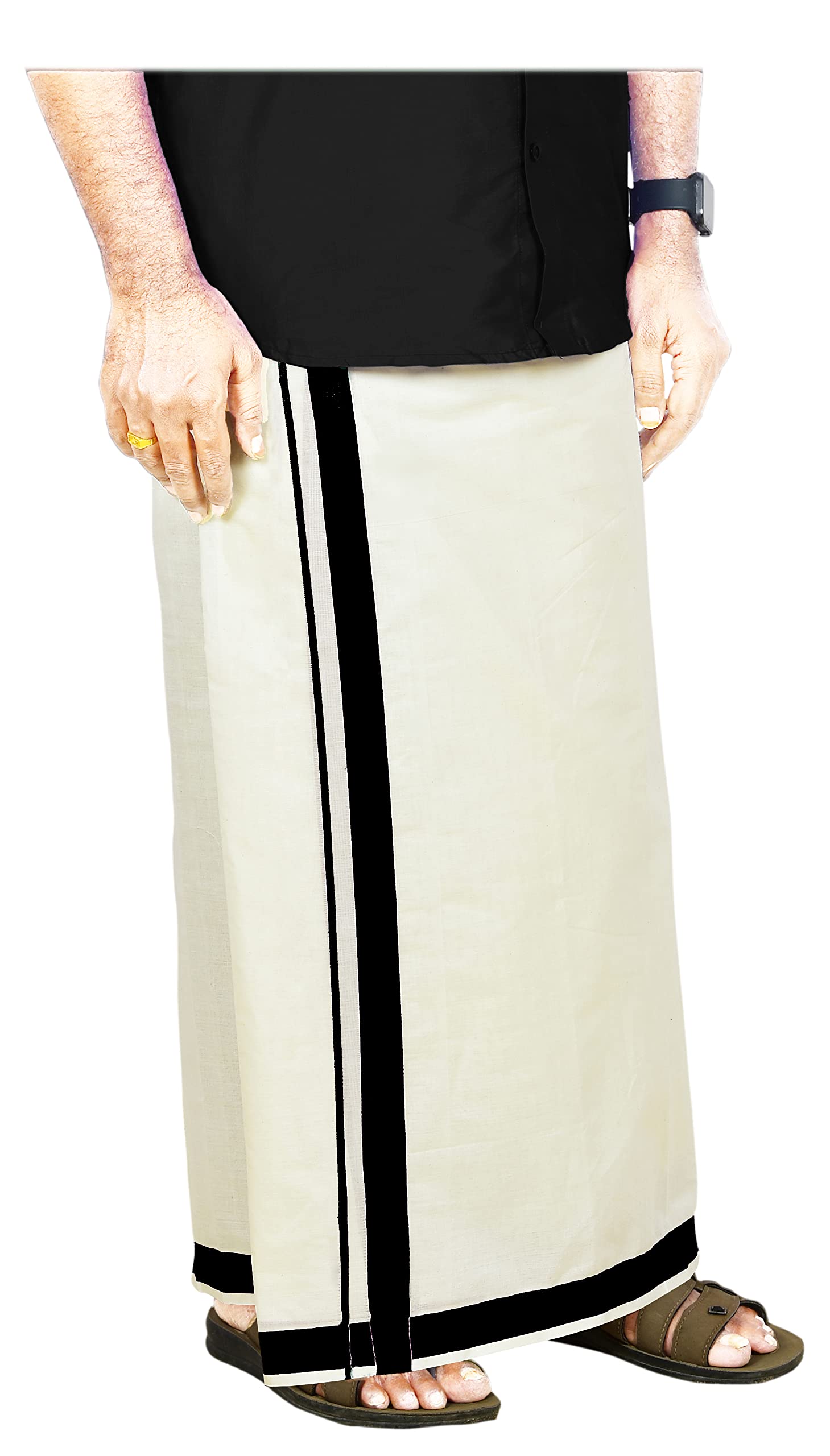 yettalan Mens Thick Border 100% Cotton Cream Dhoti 4.0 Meters Double Mundu/Vesti-picture-51