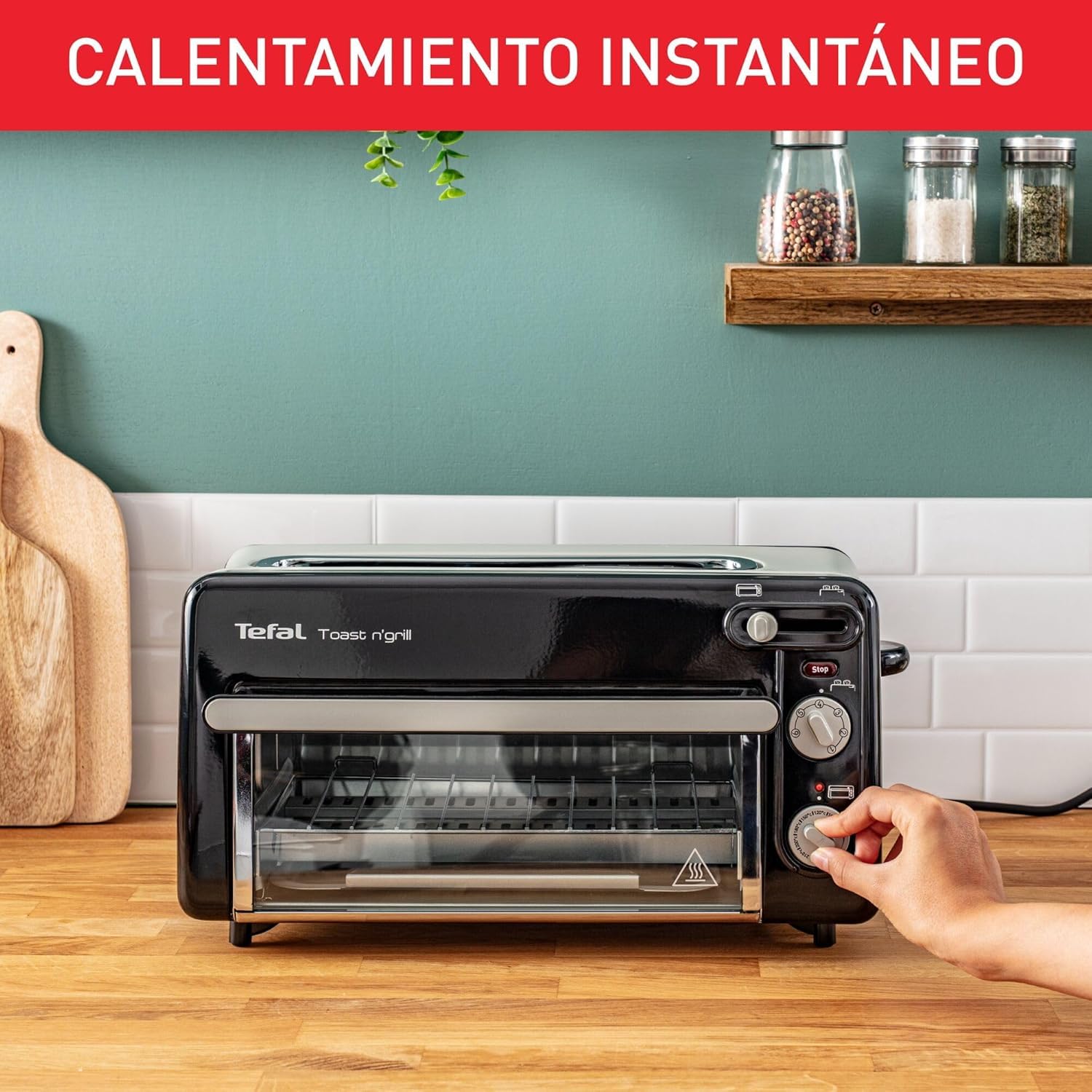 Tefal Tostadora y minihorno 2 en 1 de acero inoxidable negro, Ranura larga, con tapa, Calentamiento de cuarzo, 6 niveles, Temperatura del grill hasta 210°C, Bandeja recogemigas extraíble, TL6008