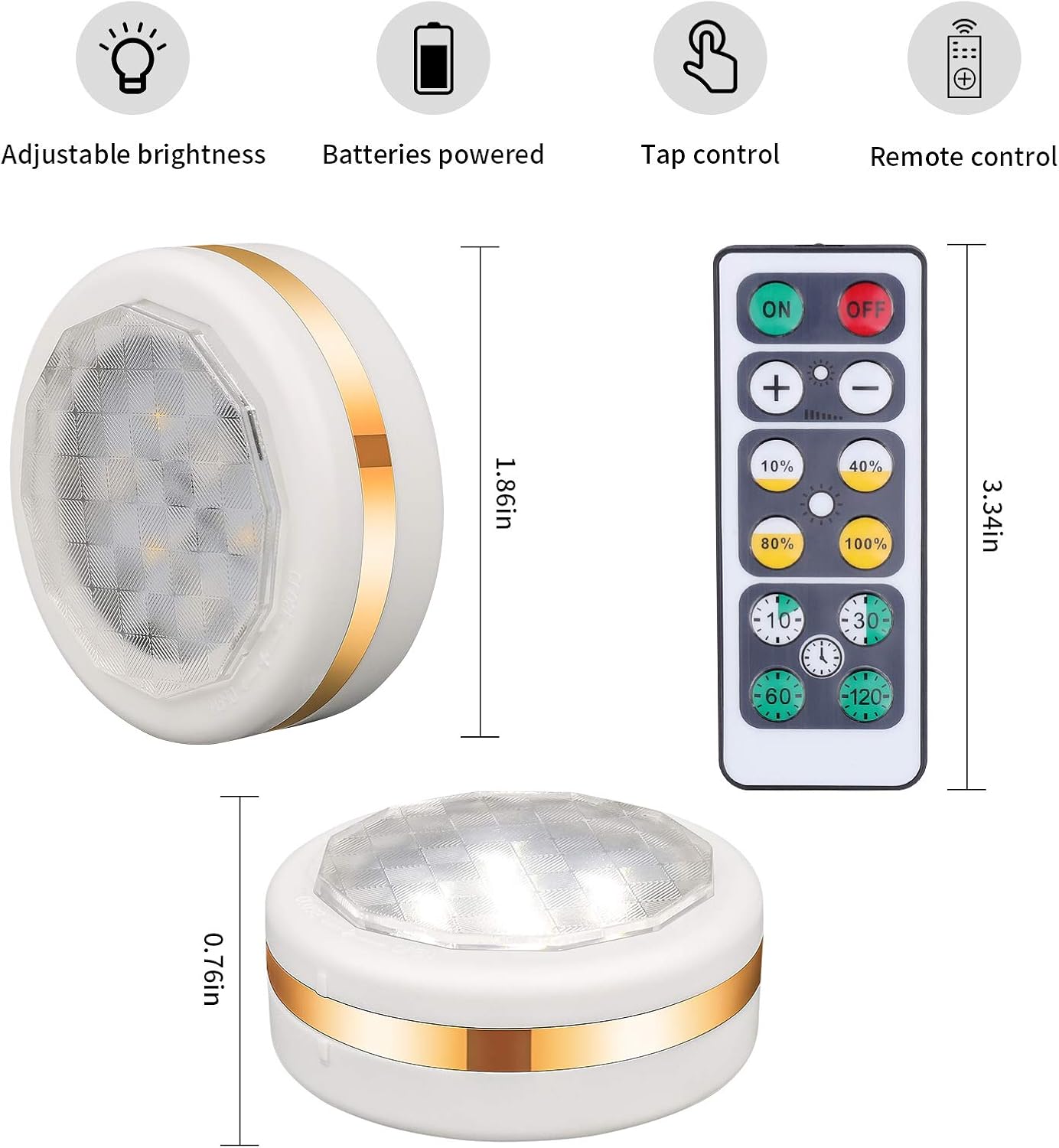 LED Dimmable Press Light with Timer, LEASTYLE Battery Operated Touch Lamp Tap Night Light with Remote Control, Kids Baby Nursery Night Light Stick-on Anywhere(Warm Light)