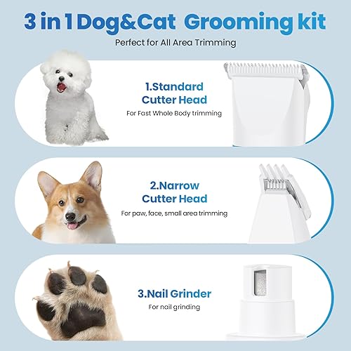 Miniatura 4 de Kit de aseo 3 en 1 para perros y gatos  Cortapelos inalámbrico recargable para mascotas con molinillo de uñas y recortador de patas y 5 peines guía,