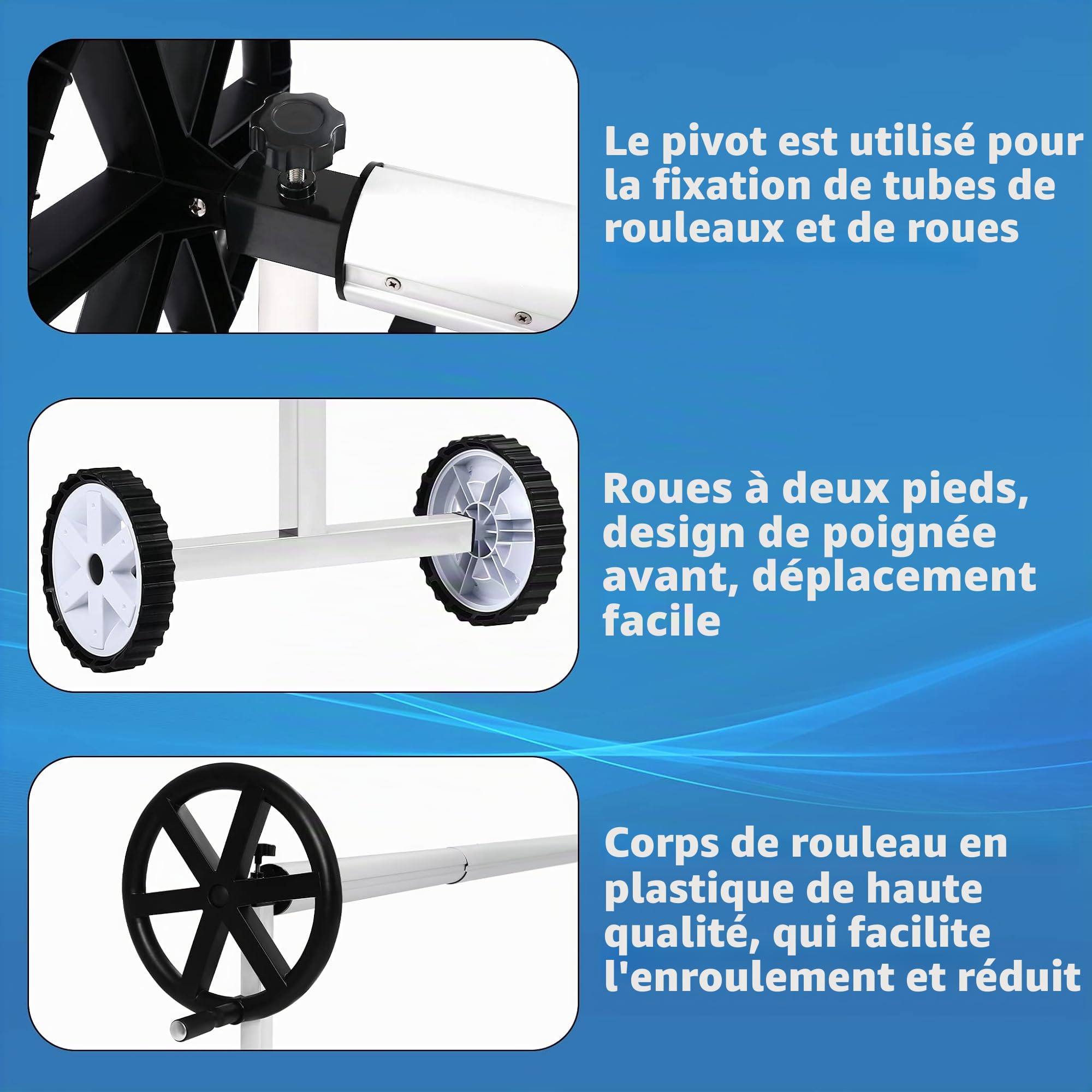 Aufun Enrouleur de Piscine de qualité supérieure - 3 à 5,70 m - Système d'enroulement Mobile pour bâche de Piscine et Housse - Enrouleur Mobile en matériau résistant aux intempéries-Fixation et Roues
