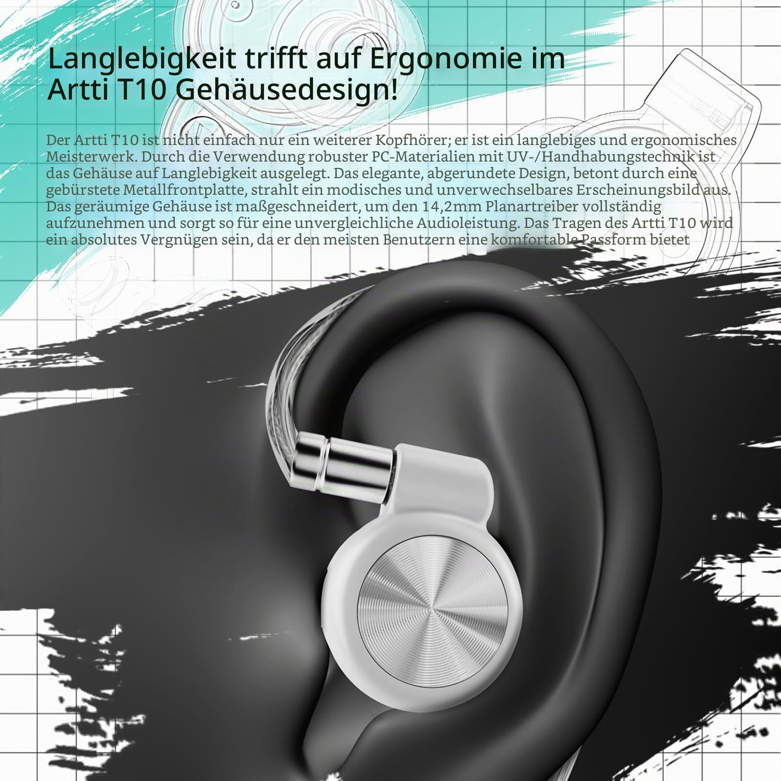 ARTTI T10 In-Ear-Kopfhörer, 14,2 mm, Dual-Magnetschaltung, Planar-Treiber, kabelgebunden, mit Kupfer, versilbertem, abnehmbarem Kabel, In-Ear-HiFi-Kopfhörer für Musiker/Sänger (3,5-mm-Stecker)