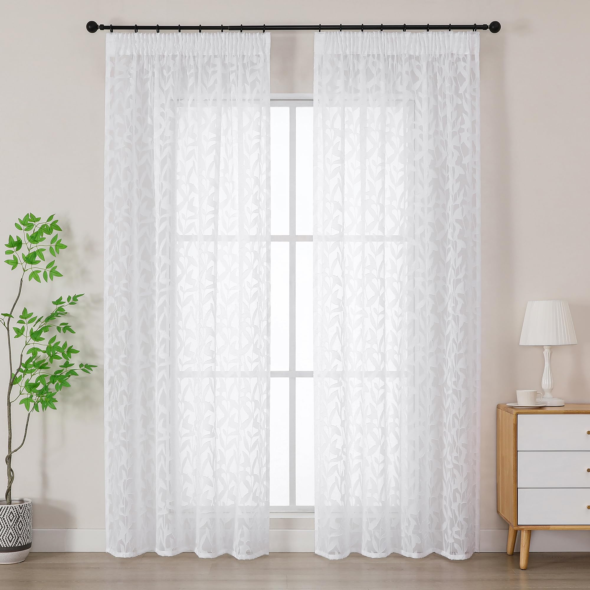 Simplebrand White Textured Sheer Curtains 2 Panels W140 x L220cm, Leaf Clip Jacquard Voile Curtains, Pencil Pleat Semi-Sheer Window Drapes for Tall Windows Living Room Bedroom Home Decor