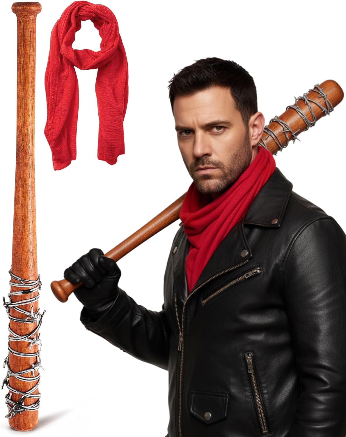 Liliful Halloween Wood Baseball Bat 27 Inch with Red Scarf Crinkle Vintage 35" × 70" Cosplay Set Barb Wire Baseball Bat Cosplay for Halloween Props Party Decoration Costume Accessory
