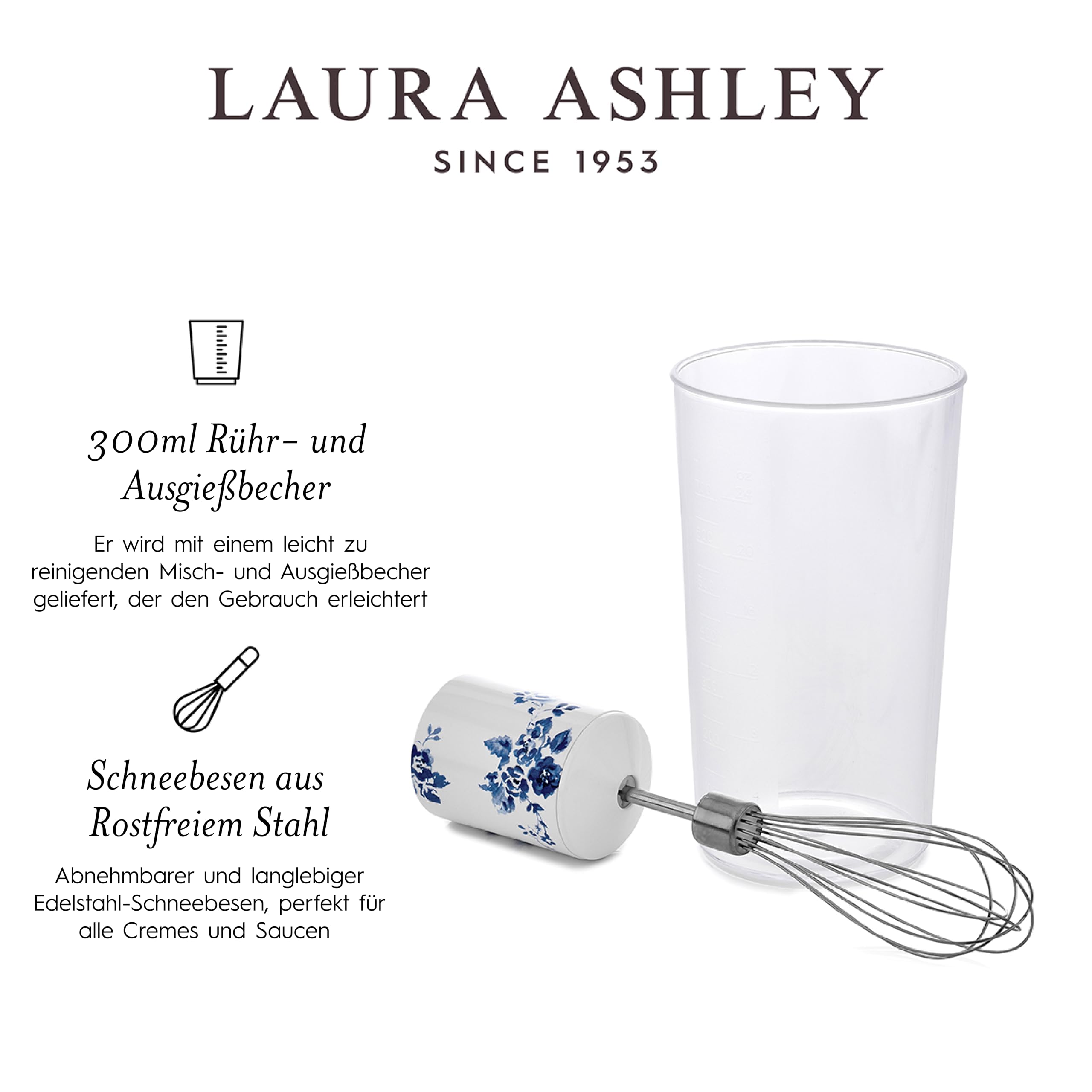 Laura Ashley Stabmixer mit China Rose Print von VQ - 4 in 1 600W elektrischer mixer mit langlebigen Edelstahlklingen, Schneebesen, Schüssel zum Zerkleinern und 300ml Mix- und Ausgießbecher