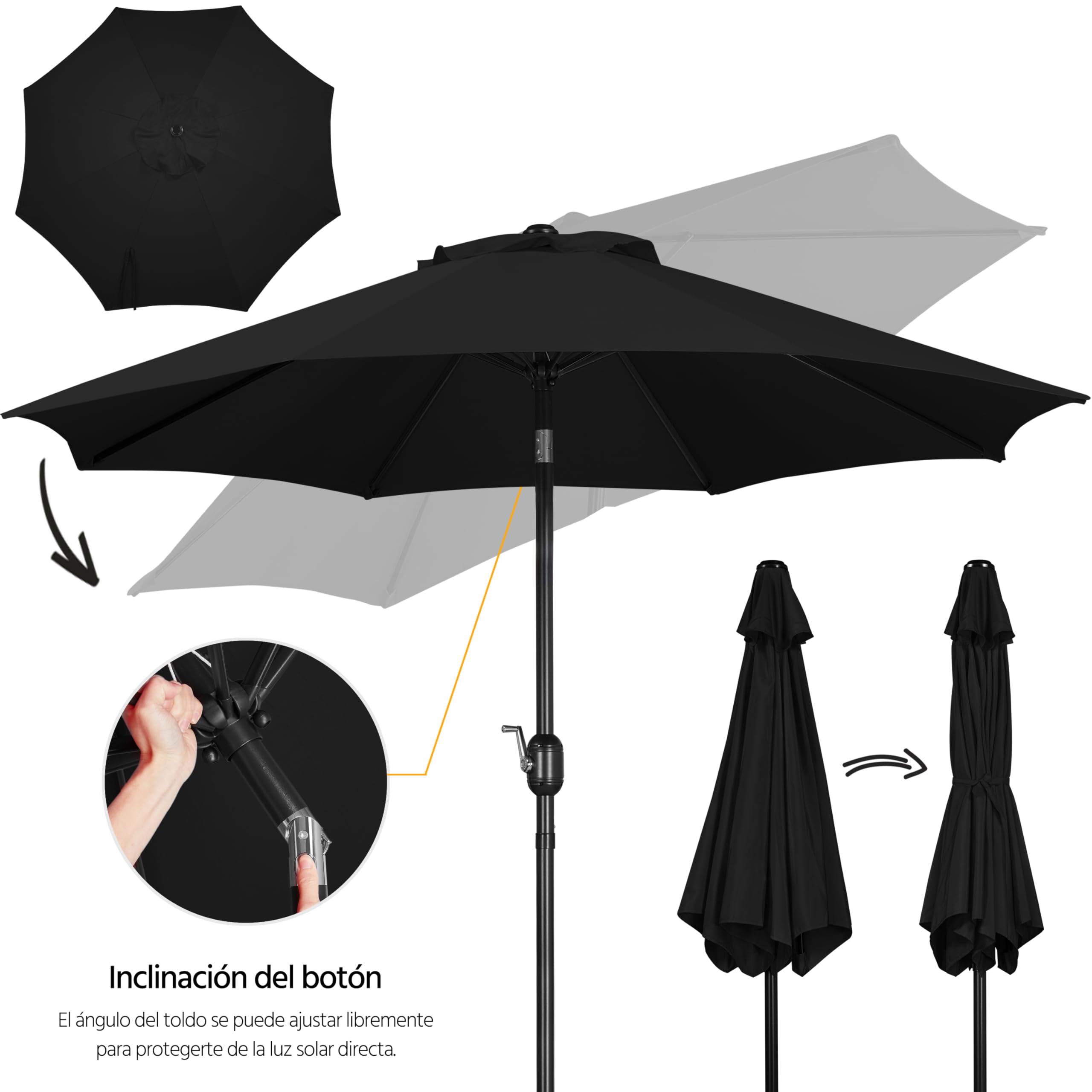 Yaheetech Parasol Sombrilla Jardín 270cm Inclinable Impermeable Negro | Protección UV, Manivela Cómoda, 8 Varillas, Estructura Metálica Reforzada,Fácil de Montar,para Exterior/Restaurante/Cafetería