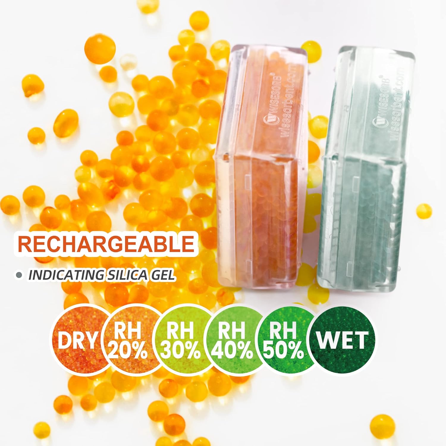 Wisesorb Silica Gel Canister, 45 Gram 8 Packs Hard Plastic Silica Gel Desiccant Canister (Orange to Dark Green), Reusable Gun Safe Dehumidifier Moisture Absorber with Nonwoven Zip Lock Storage Bags
