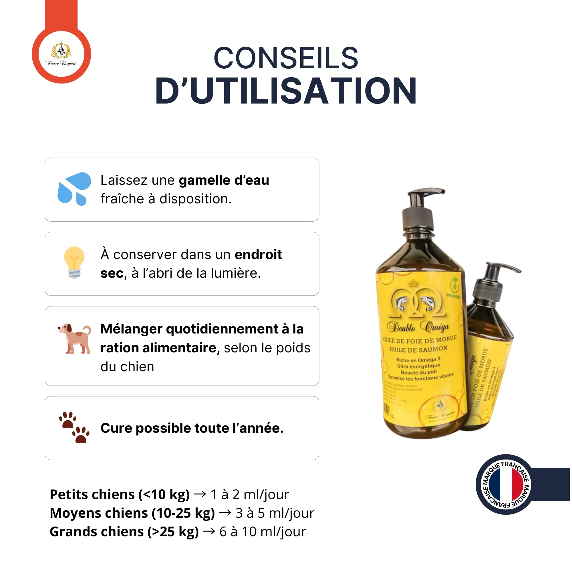 double oméga huile de foie de morue et saumon pour chien – oméga 3 et 6 naturels – vitalité immunité articulations cerveau pelage brillant – complément alimentaire huile 500 ml