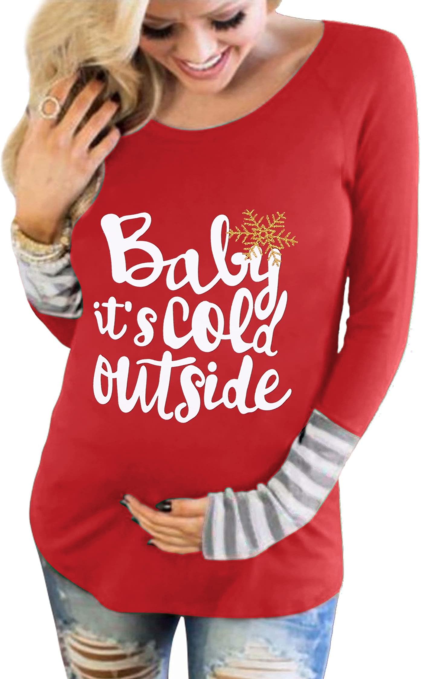 Christmas Baby It's Cold Outside Maternity T-Shirt Long Raglan Sleeve Snowflakes Top Tees for Pregnant Woman