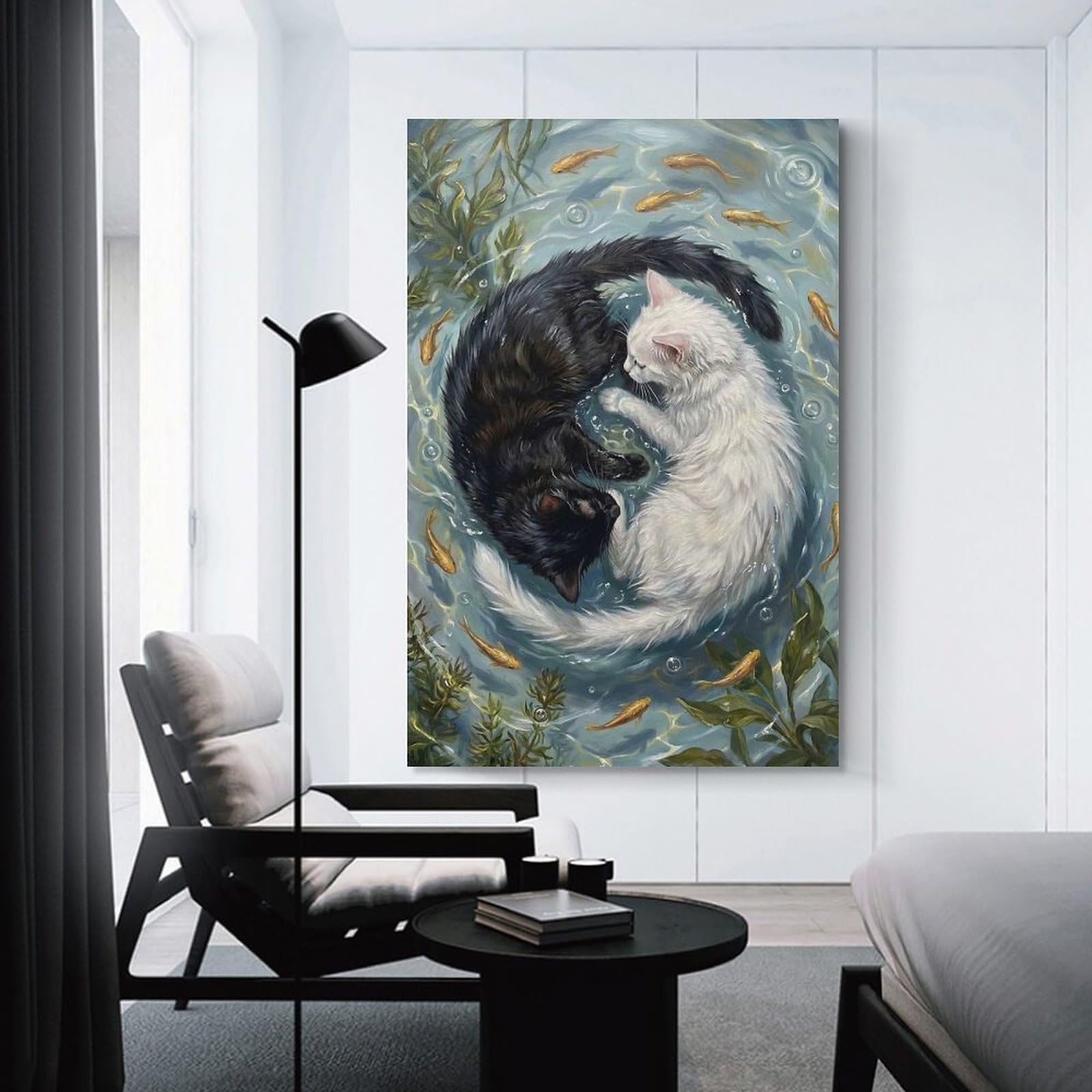 Junmoney Yin Yang Cats And Goldfish Painting Wall Art Print, 16x24inch(40x60cm), for Living Spaces, Bedrooms Or Relaxed Rooms, Decorative Artwork for Empty Walls