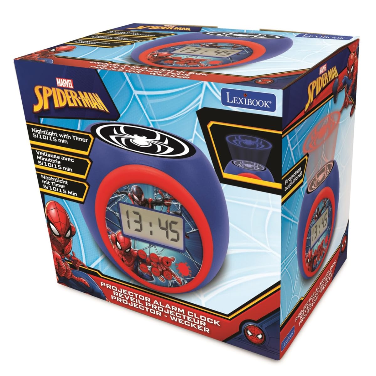 Lexibook - Marvel Spider-Man Réveil projecteur avec Fonction Alarme et répétition Snooze, veilleuse avec minuterie, écran LCD, à Piles, Bleu/Rouge, RL977SPLXB