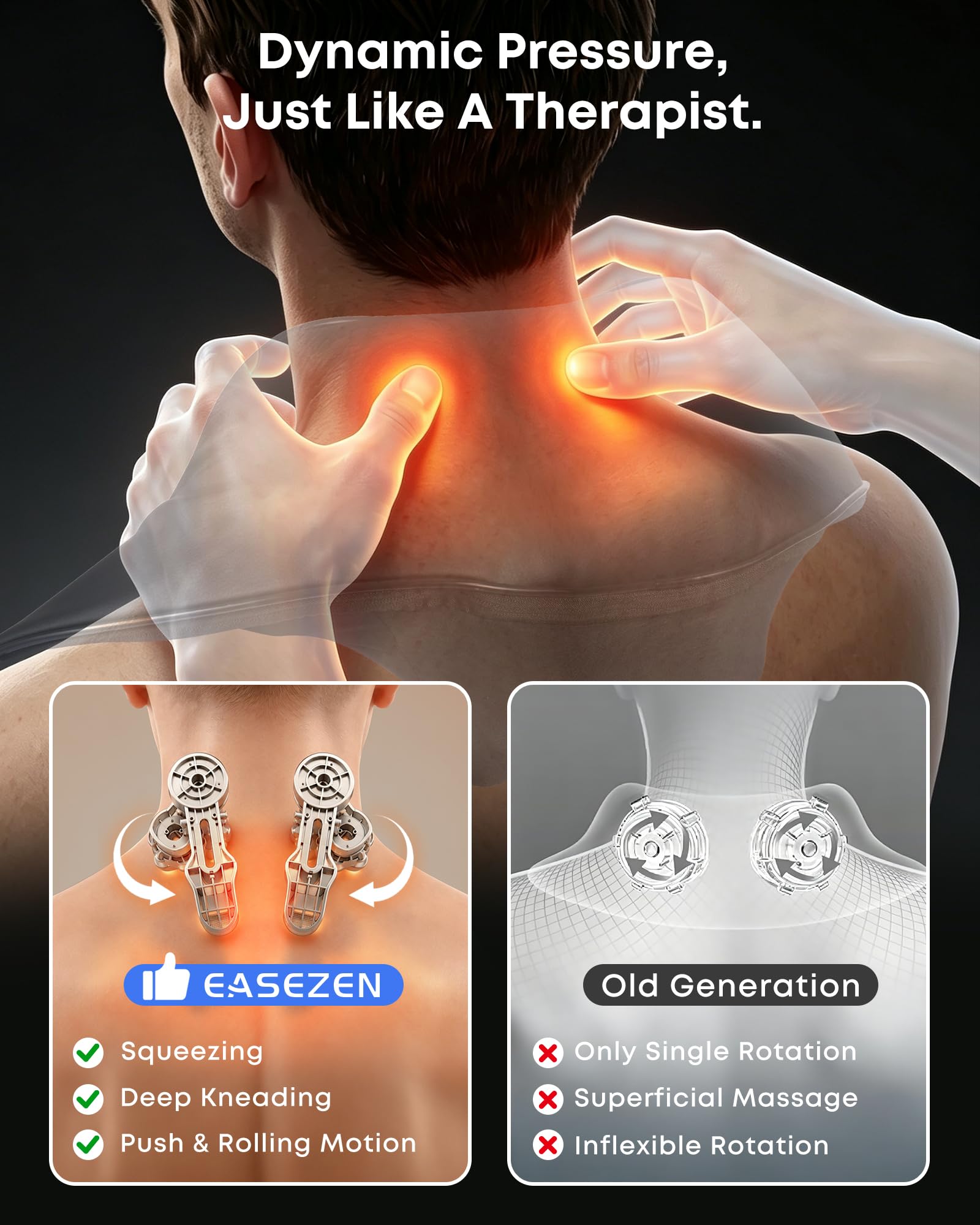 Easezen Kabellos Shiatsu Nackenmassagegerät mit Wärme zur Schmerzlinderung | 4D Nacken und Schulter Massagegerät für Rücken und Taille, Verbesserte Graphenheizung, Tragbar & wiederaufladbar, Geschenke