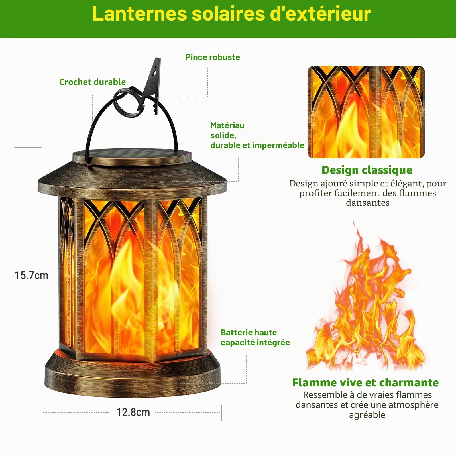 GEARLITE Lanternes solaires pour l'extérieur, lampes solaires pour l'extérieur à suspendre | Lot de 4 lampes solaires LED pour extérieur avec clips, étanchéité IP65, décoration de jardin pour jardin, balcon, bonze