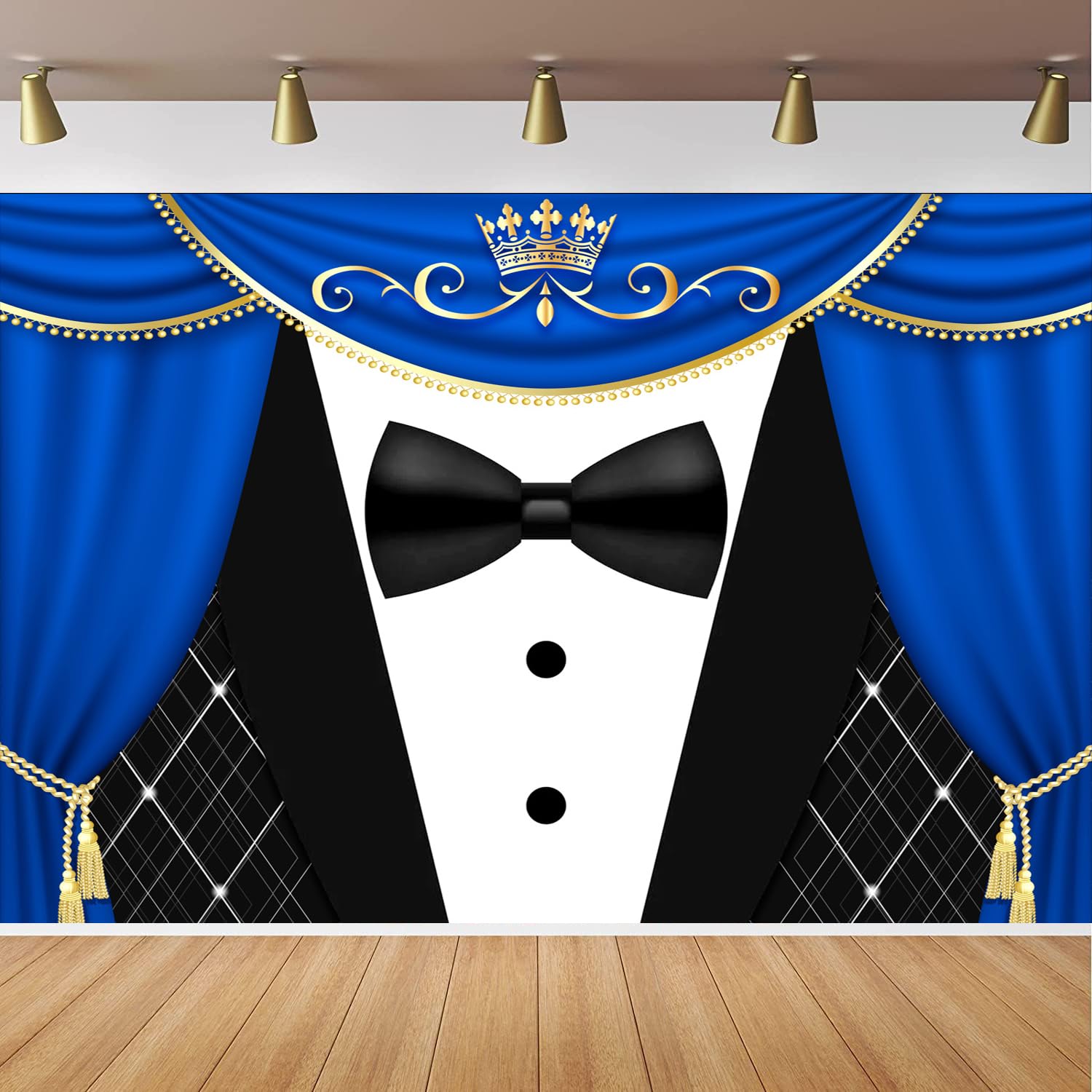 CapiSco Tuxedo Backdrop 7x5FT Blue Curtain Crown Gentleman Birthday Party Background for Photography, Father or Boss Birthday Party Decorations Banner