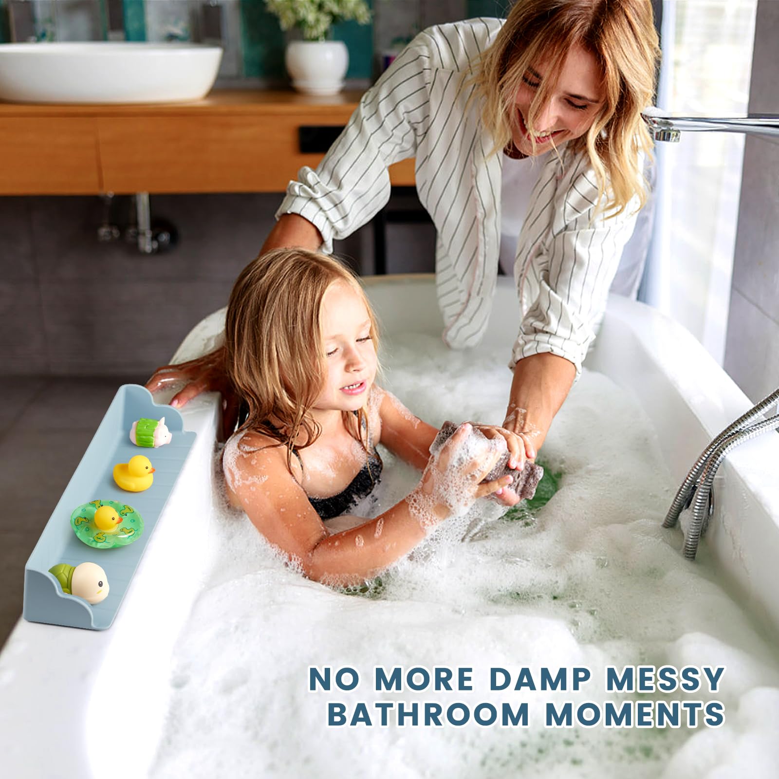 2Pack Bathtub Splash Guard for Tub, Silicone Bathtub Caddy Tray with Play Shelf, Kids Bath Tub Shelf and Organizer for Baby Bath Toys, Bath Toy Holder, Toddler Bathtub Accessories(Classic Blue)