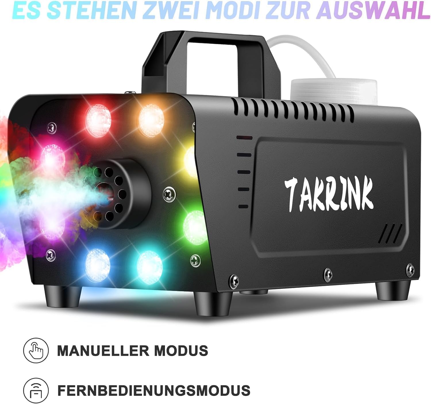 TAKRINK Nebelmaschine Rauchmaschine 900W Nebelmaschine 16 Farben RGB Lichteffekt Mini Nebelmaschine mit Fernbedienung für DJ Disco Party, Hochzeit, Halloween, Weihnachten