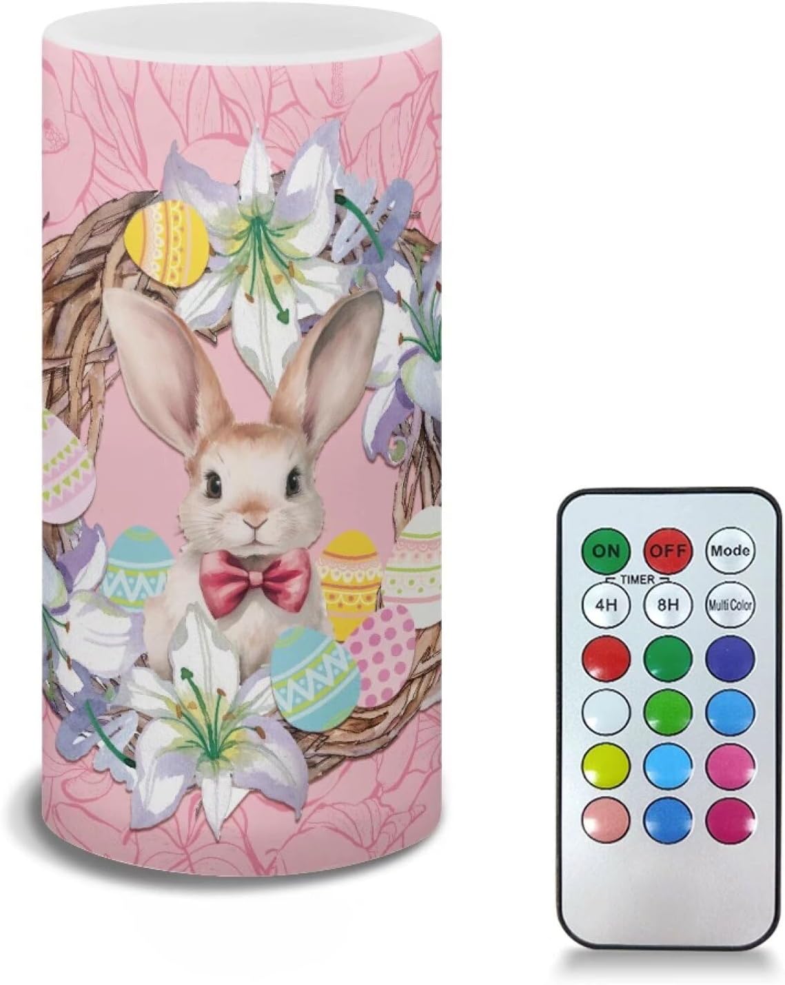 Tuoxiukan Spring Easter Flameless Candle Bundle Easter Bunny with Lily Flower Flickering Tea Lights Fake Candles with Timer for Outdoor Table Home Decor Set of 2, D 3" x H 6"