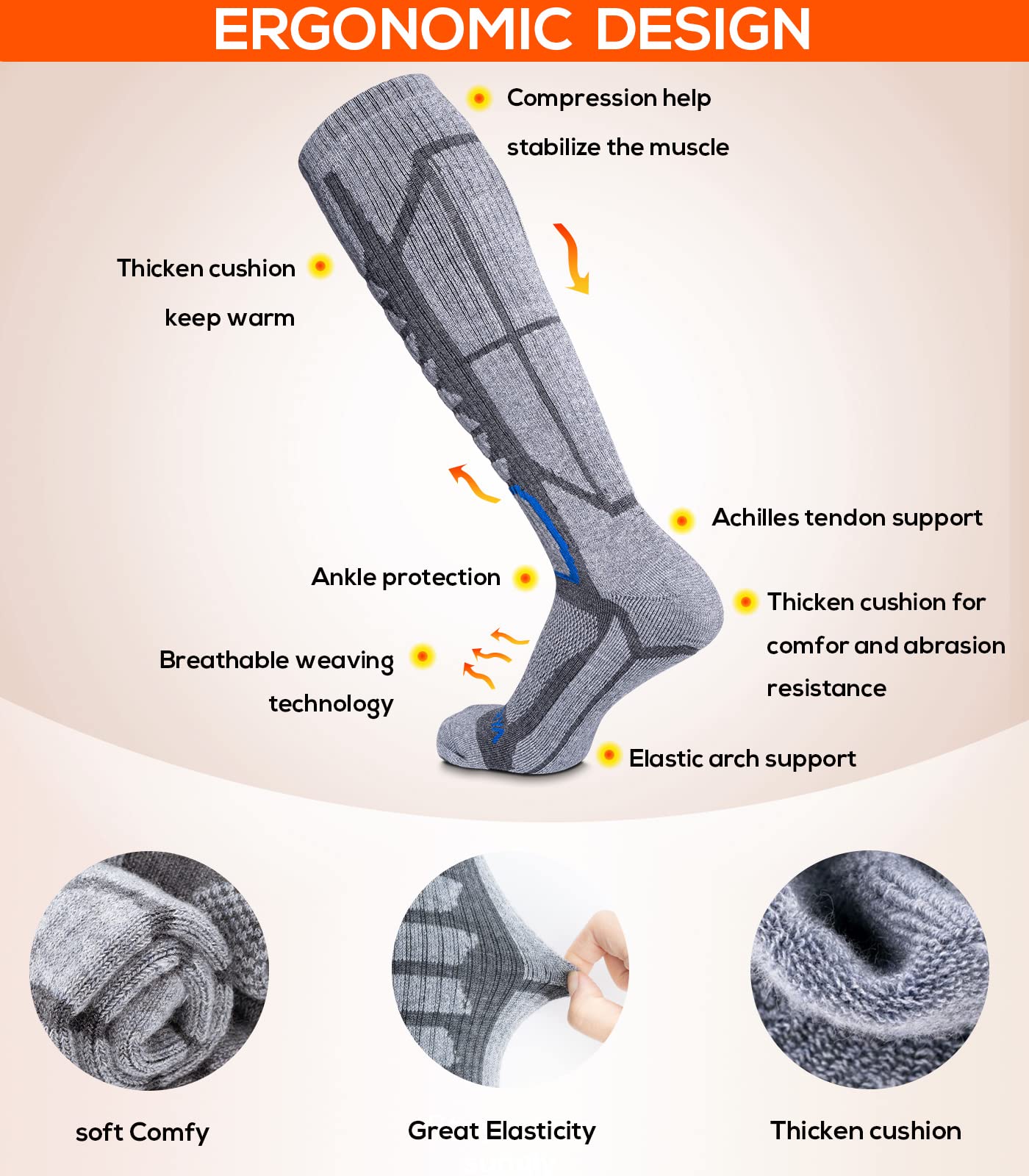 WEIERYA Merino Wool Ski Socks for Men & Women, Knee-High Winter Thermal Snowboarding Socks 3 - Pack Retro Black & Grey & Blue Large