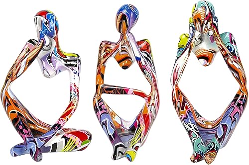 AZURAOKEY Estatua de pensador de resina de 3 piezas, escultura abstracta de arte colorido, escultura abstracta de pensador, graffiti, figuras de