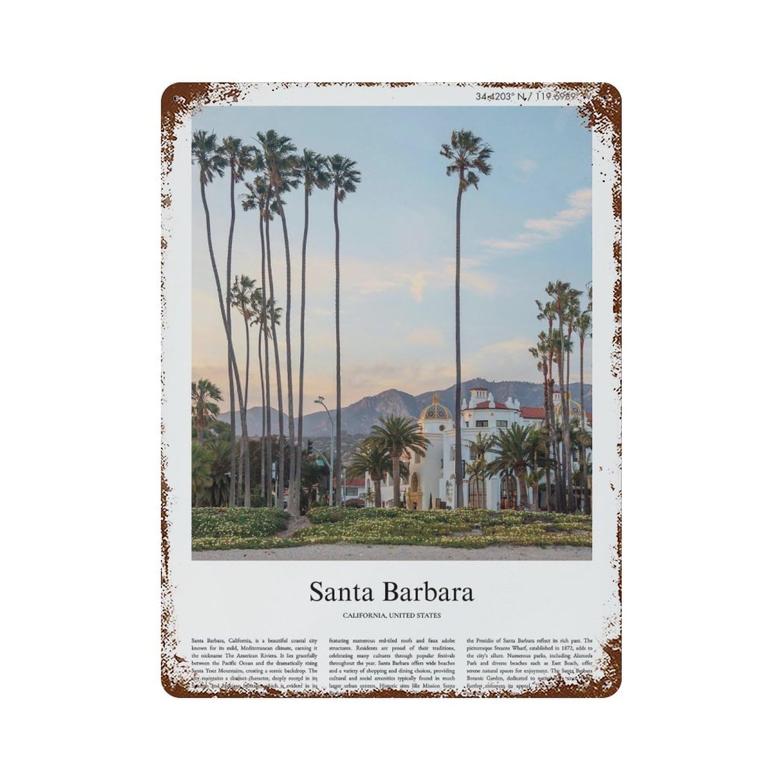 xiaoxiaoshen Santa Barbara California, United States, USA City Scenery Wall Decor Art Metal Tin Poster Modern Home Decor Art Home Bar Shop Decorations Vintage Sign 40x30cm