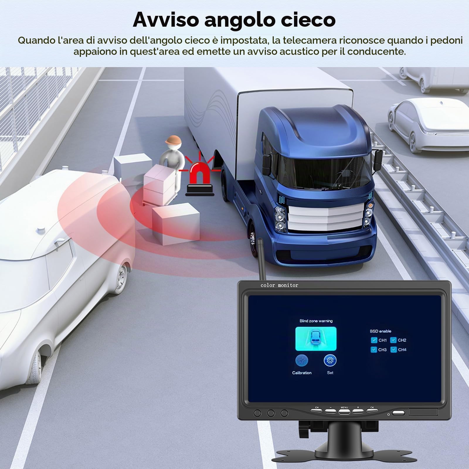 Kit Telecamera Posteriore IPS HD 7 Pollici senza Fili con 2 Telecamere, 1080P HD Telecamera Retromarcia Auto con IP68 Impermeabile, BSD, Visione Notturna per 12-36V Camion Camper Furgoni