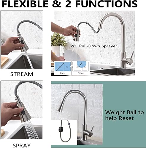 Miniatura 2 de SATICO Grifo de cocina de níquel cepillado con rociador extraíble, grifo de cocina de un solo orificio de una sola manija grifo moderno en acero