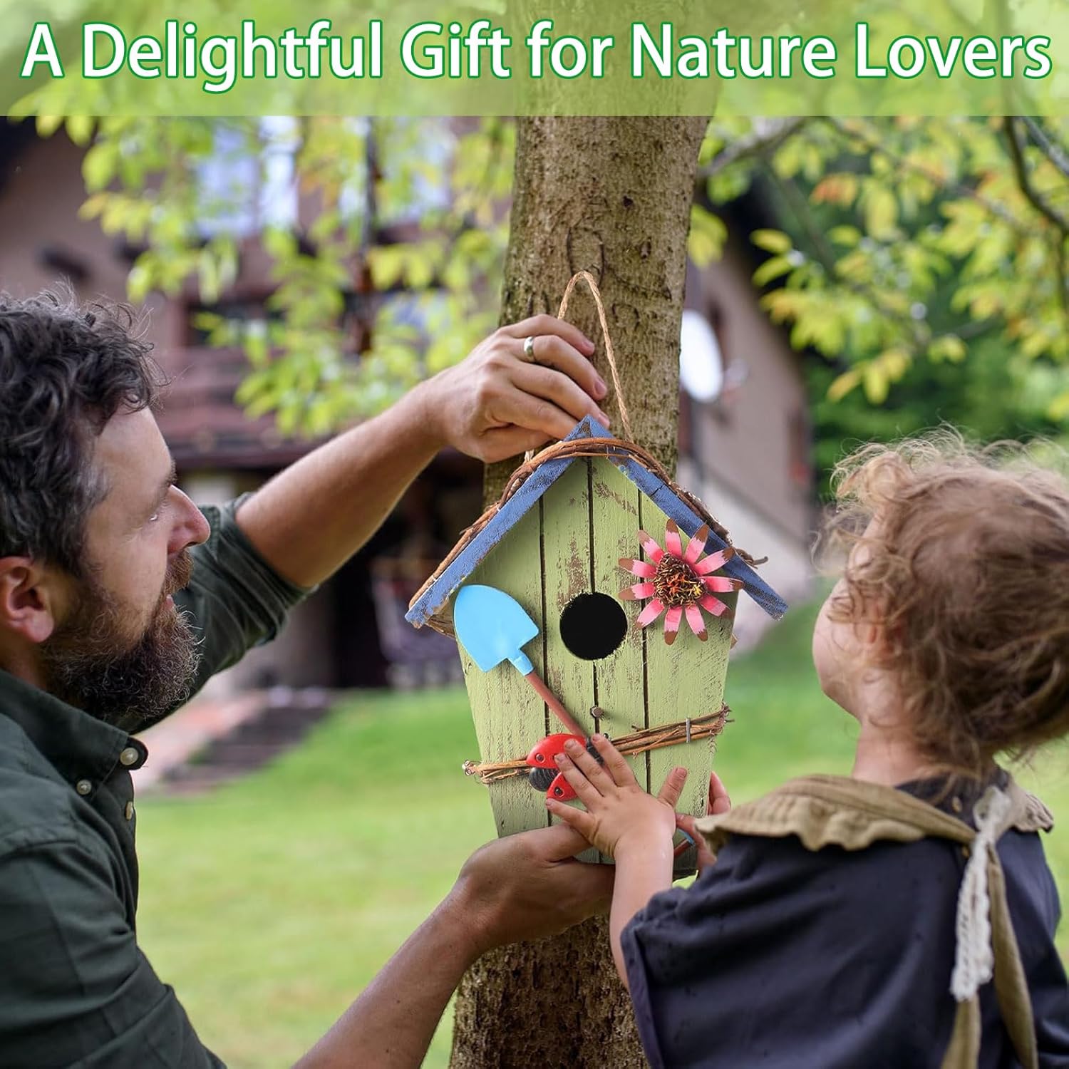 2 Pcs Decorative Birdhouse for Outdoor Hanging - Solid Wood Bird House Outside, Rustic Vintage Style, Garden Decor & Gift for Bird Lovers, Bluebird, Tree Swallow & Chickadee Enthusiasts