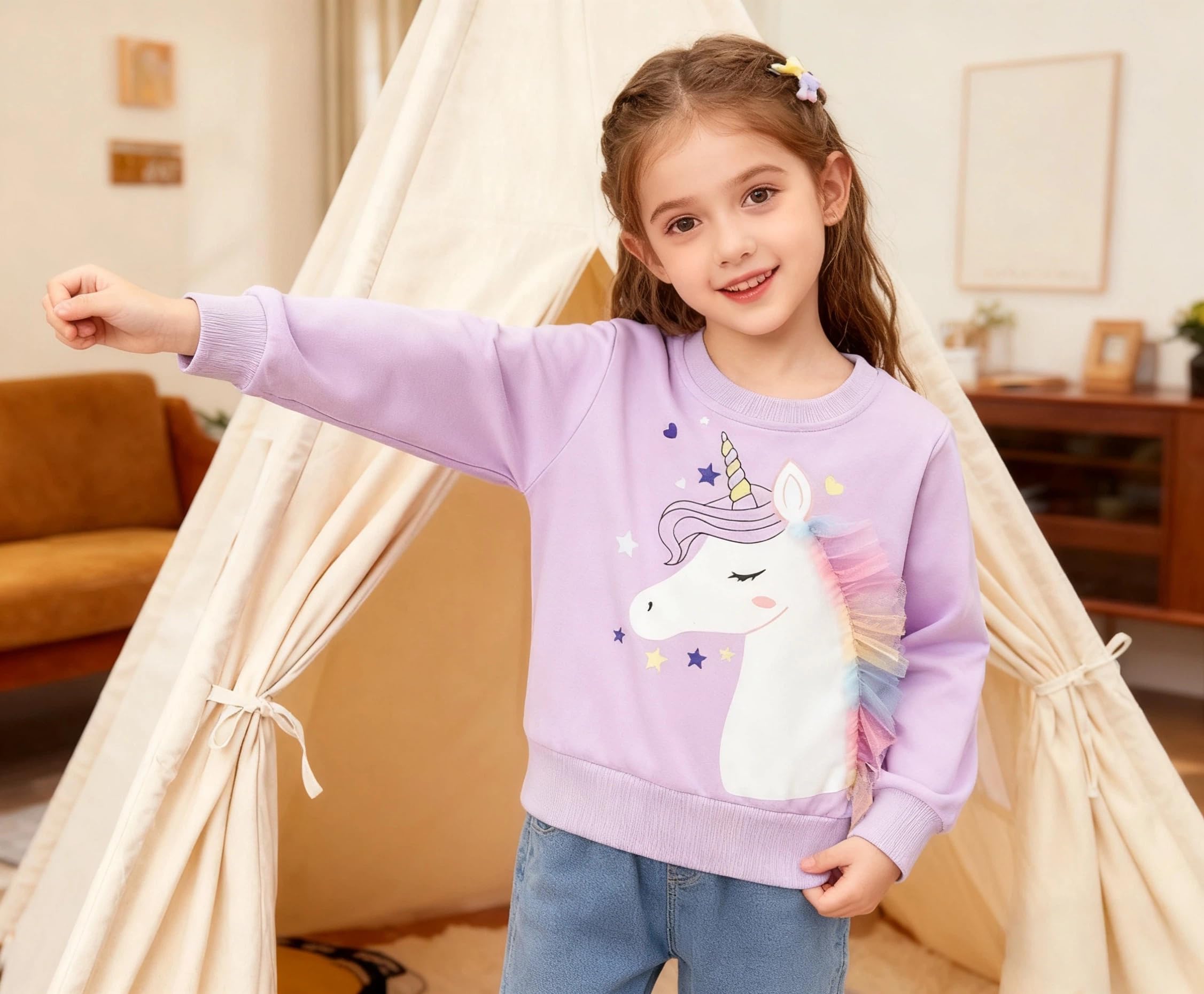 Sweat Enfant Fille Col Rond Sweatshirt Filles Licorne Lapin Pull Enfant Coton pour 2-8 Ans