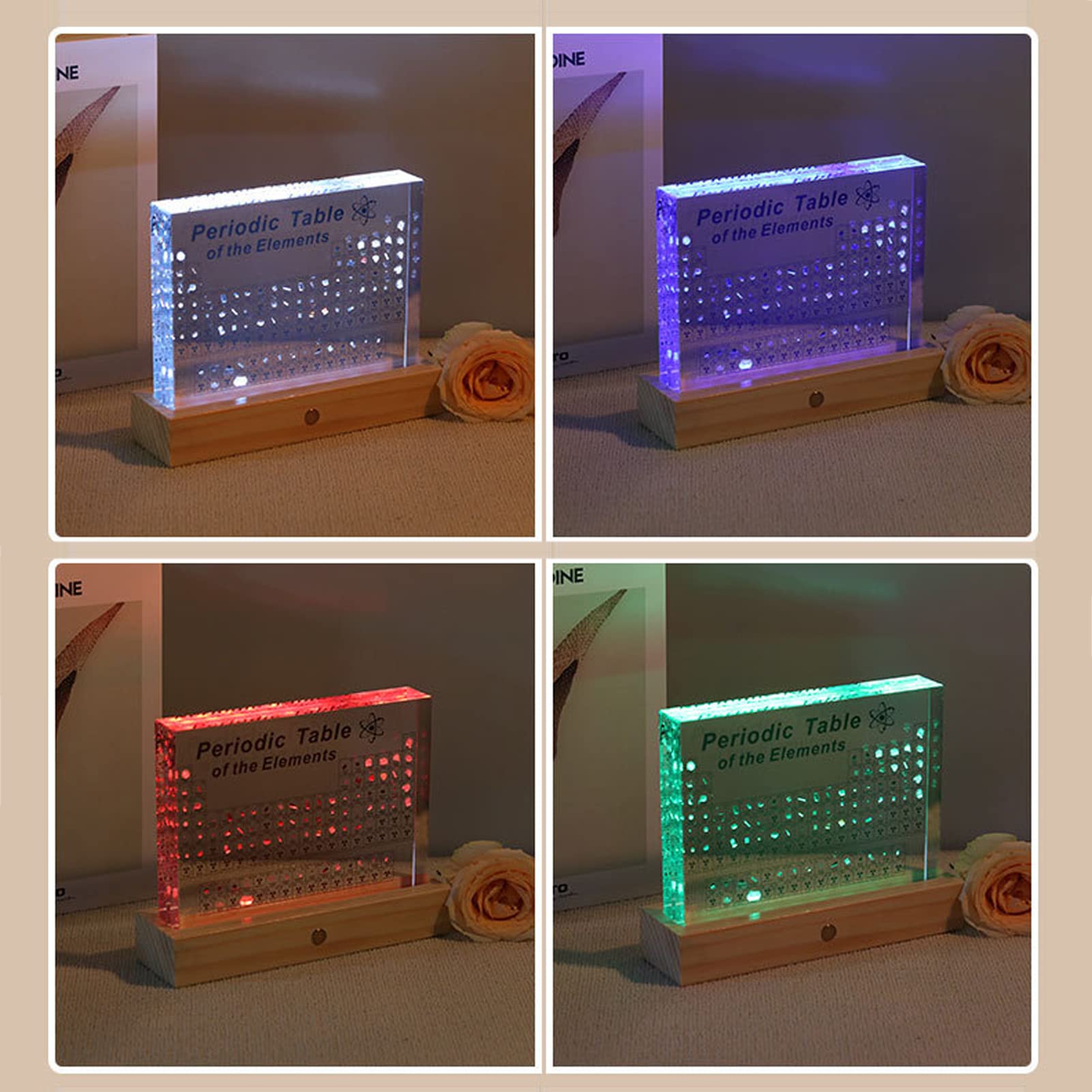 Tavola Periodica Degli Elementi,Display per Tavolo periodico Chimica Acrilica con 83 elementi, Base luminosa colorata ricaricabile senza fili,per Studenti,Insegnanti, Regali, Artigianato, Home Decor