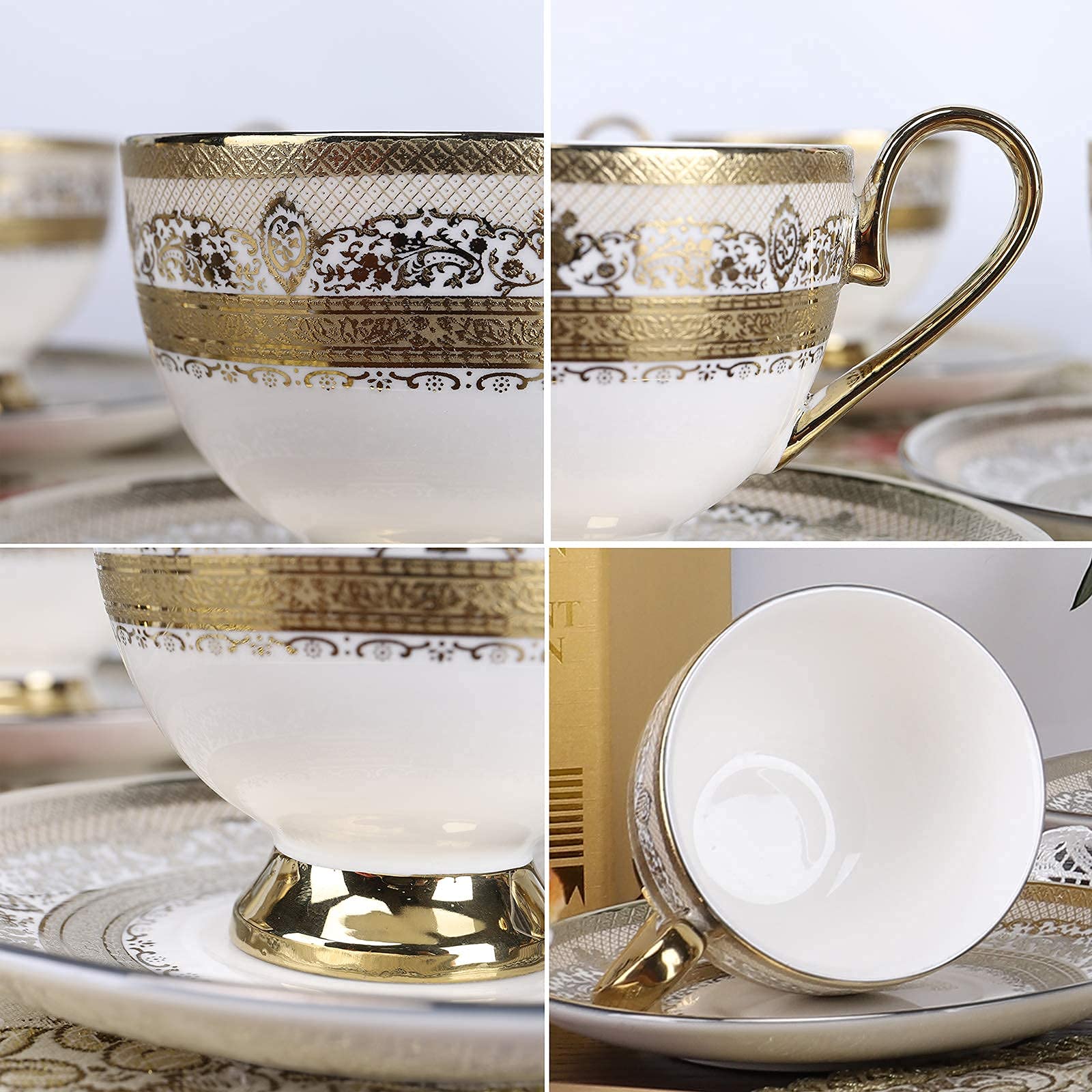 Juego De 6 Tazas De Café Y Platillos, Juego De Tazas De Té De Cerámica con Flores Doradas para Adultos,