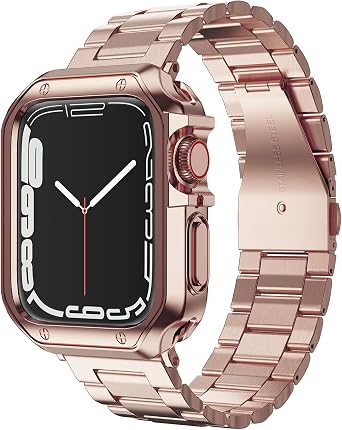 Designed for Apple Watch Band and Case, Stainless Steel Metal Chain with TPU Cover, Smart-Watch Link Bracelet Strap, Wrist-Band for i-Watch Series 9 8 7 6 5 4 3 2 1 SE, 45mm 44mm 42mm, Rose-Gold