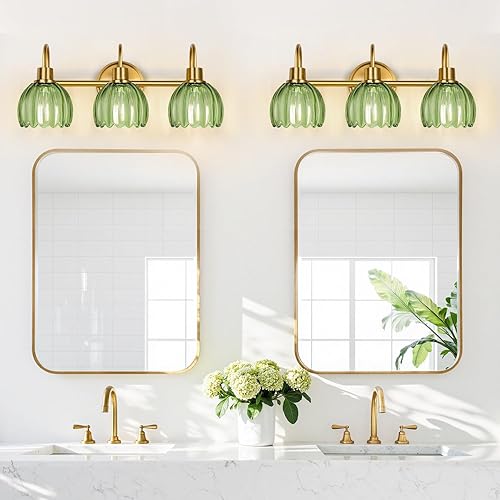 Miniatura 7 de Lámparas de baño (3 luces, 20 pulgadas), luces de tocador de oro cepillado para baño con pantalla de cristal de tulipán verde acanalado, luces de
