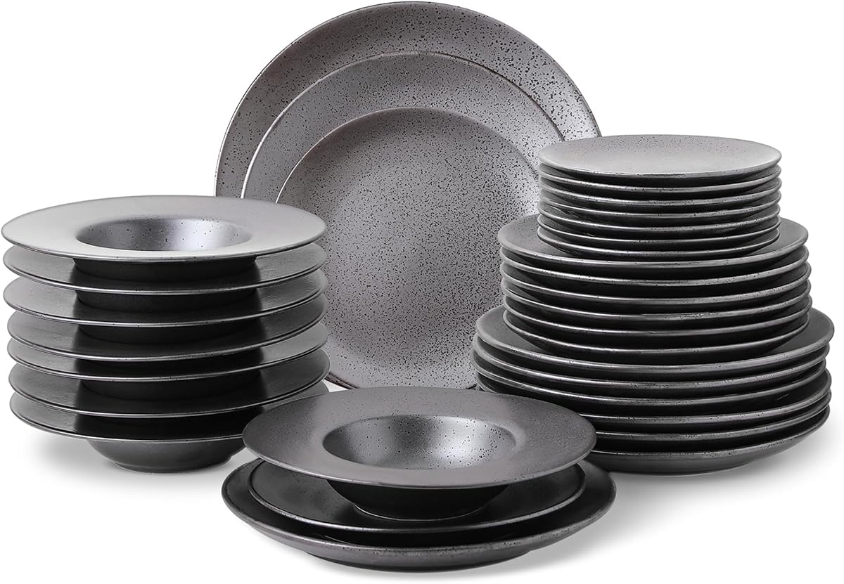 Juego de Vajilla, Platos y Cuencos Redondos de Porcelana Valencia 32 Piezas, Juego de Platos para 8, Gris Metálico