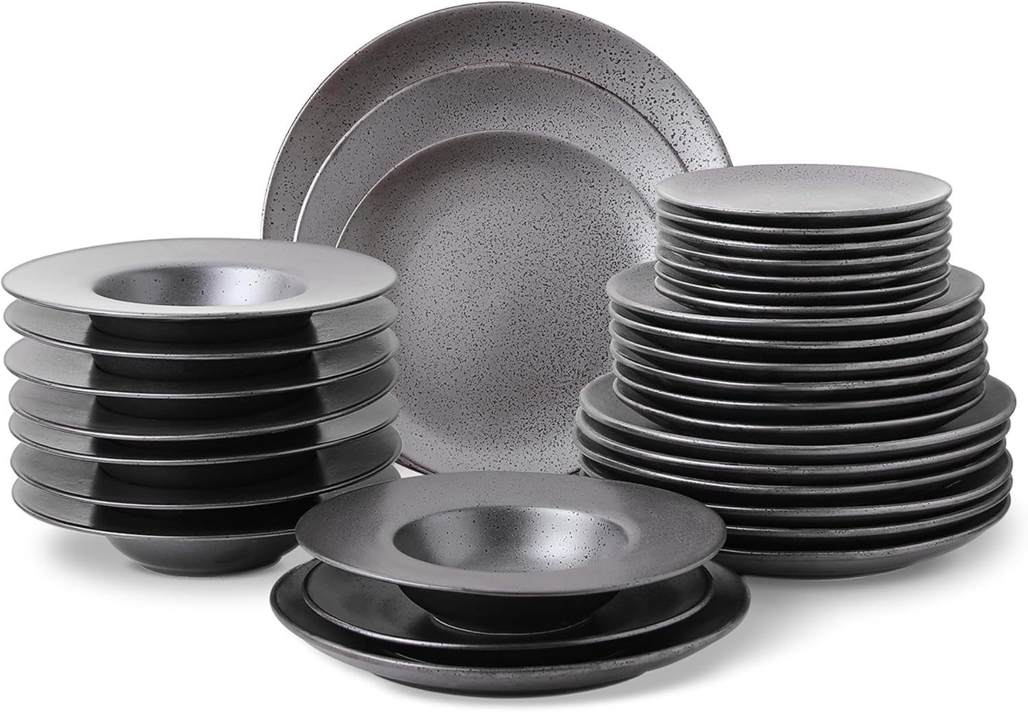 Stone Lain Valencia Porcelain 32-Piece Round Dinnerware Set, Plates and Bowls Set, Dish Set for 8, Metallic Grey