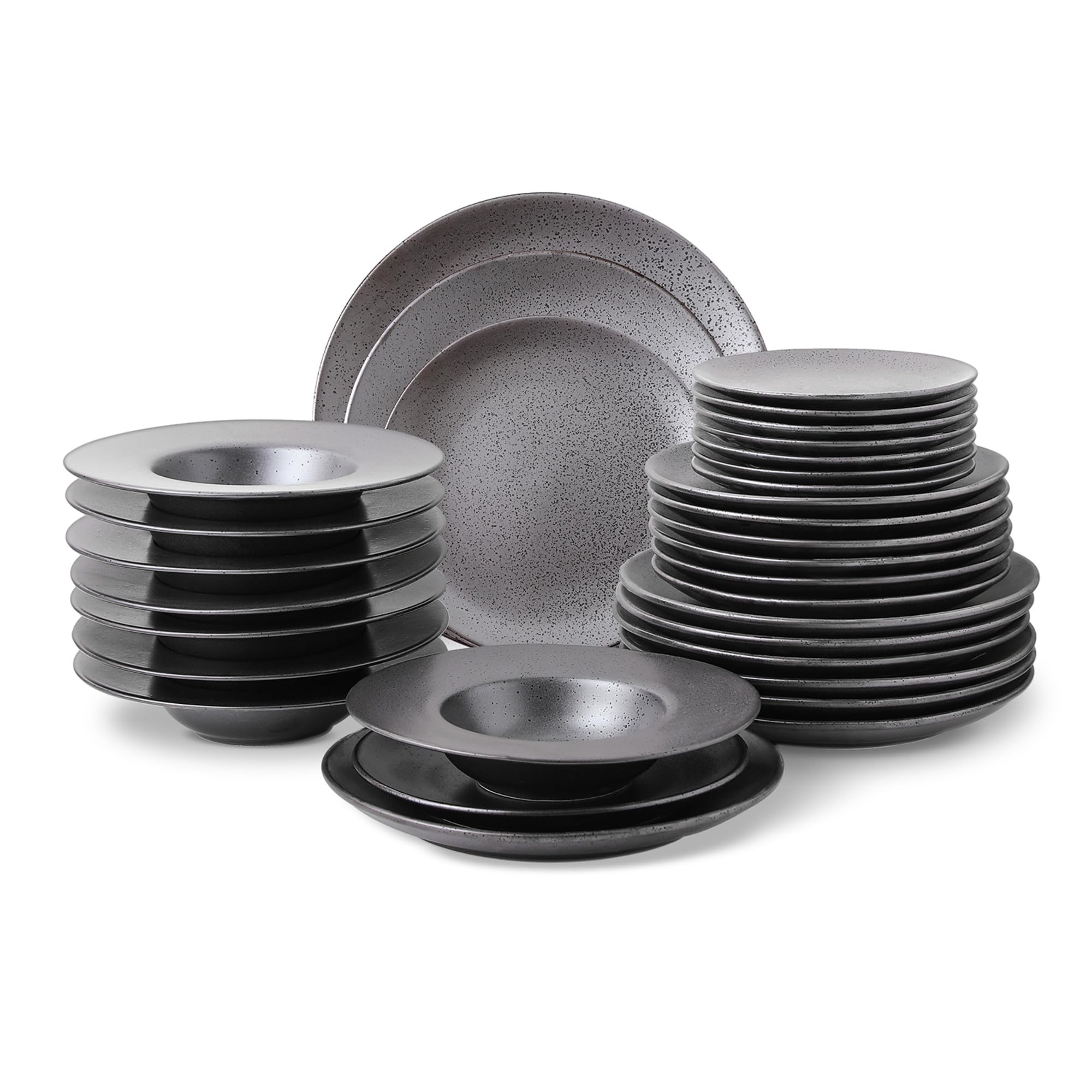 Stone Lain Valencia Porcelain 32-Piece Round Dinnerware Set, Plates and Bowls Set, Dish Set for 8, Metallic Grey