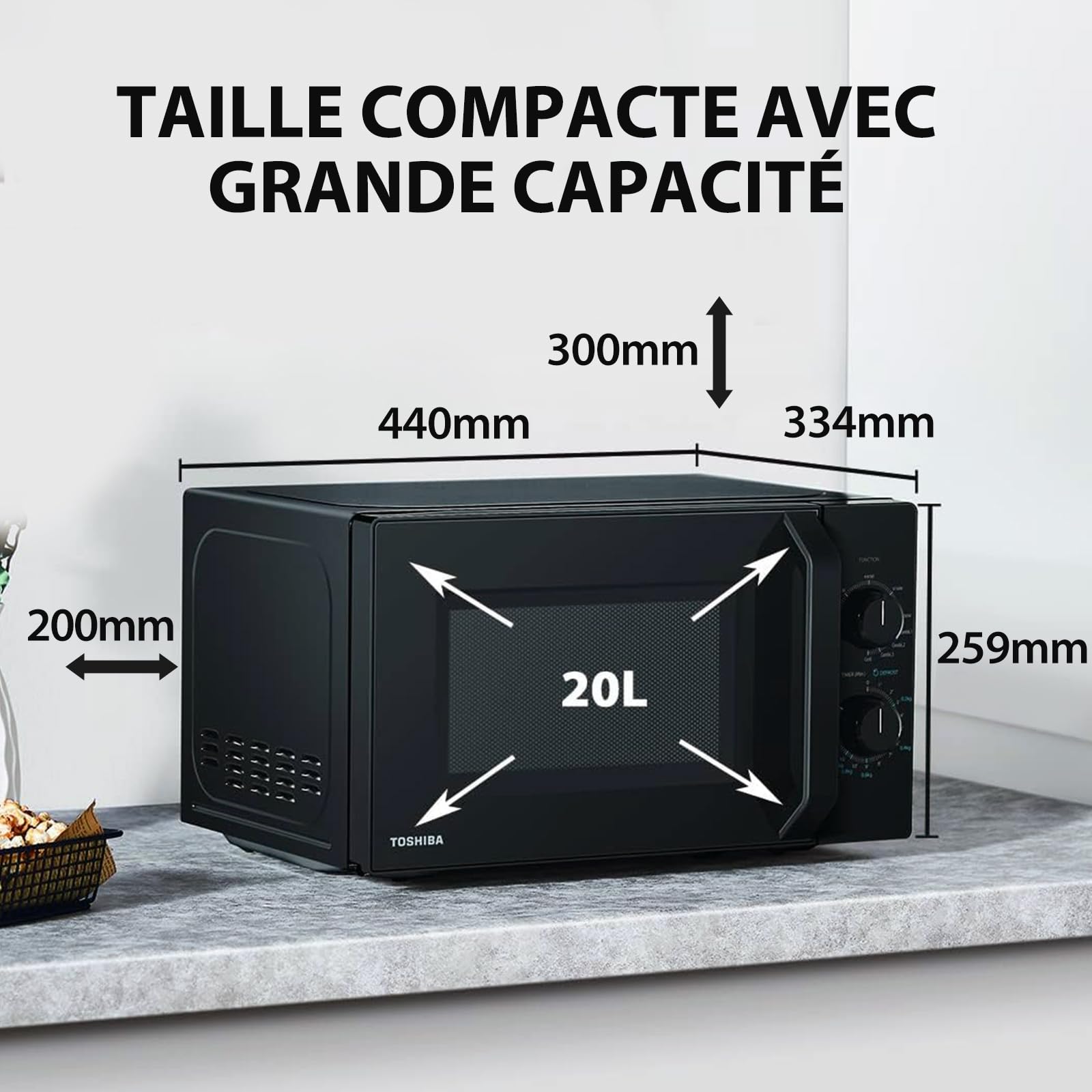 Toshiba Four à micro-ondes 20 L MW2-MG20P(BK), 700 W/1000W Grill, avec Grill Croustillant et Fonction de Cuisson Combinée, 9 Niveaux de Puissance, Ampoule LED, Dégivrage facile, Noir