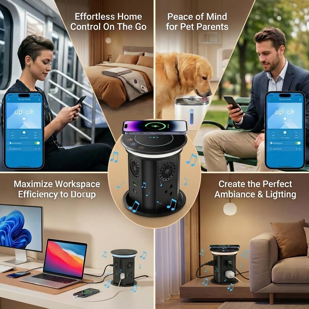 German Technology Motorized Pop Up Outlet for Countertop 15W Wireless Charger, Countertop Electrical Outlet with 3AC Outlets & 2USB Ports(20W PD),APP Remote Control and Speaker,Free 4.92 inch Hole Saw