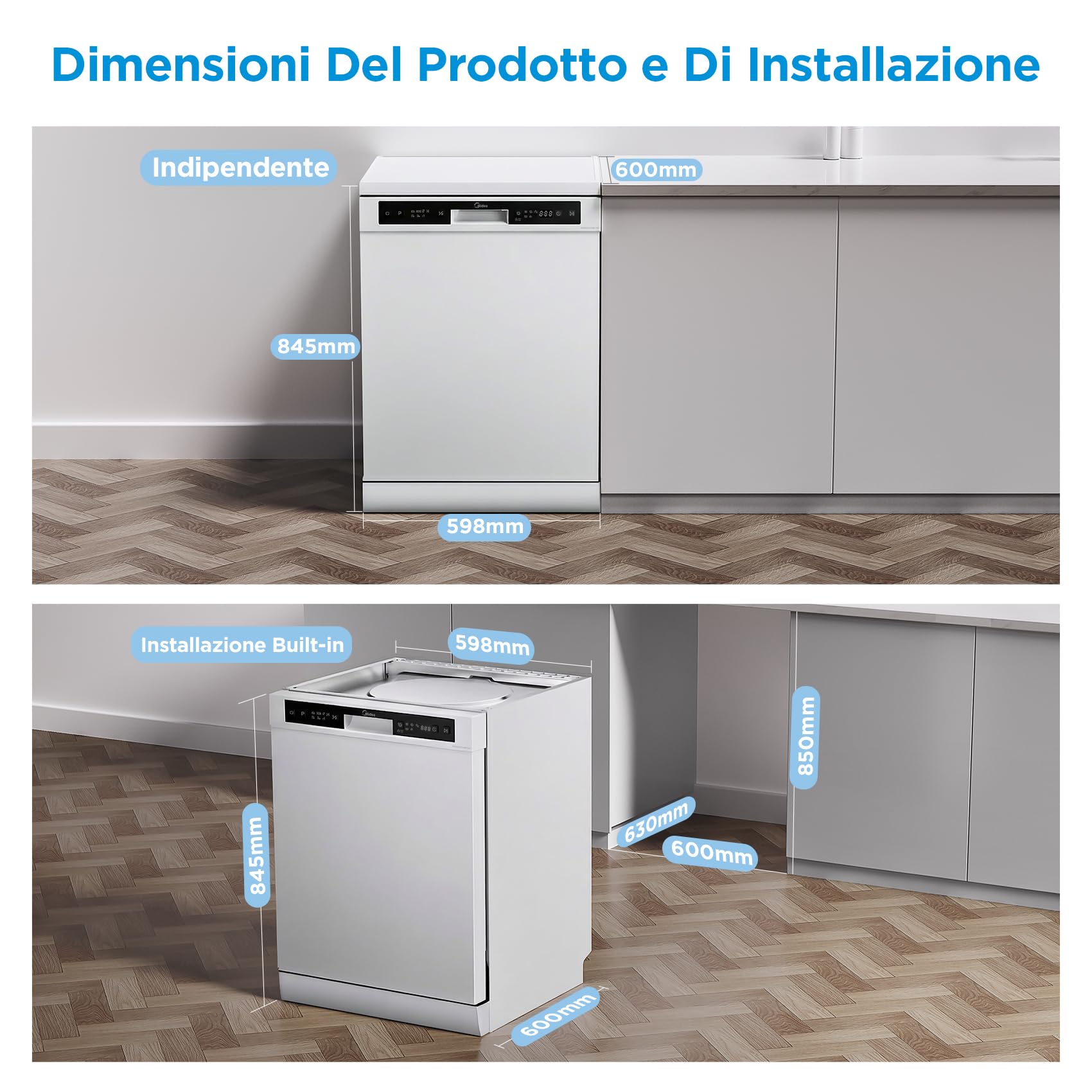 Midea MFD60S120W-HR Lavastoviglie Libera Installazione con 12 coperti, 6 Programmi, Partenza Ritardata, Funzione di Mezzo Carico, 60 cm - Bianco