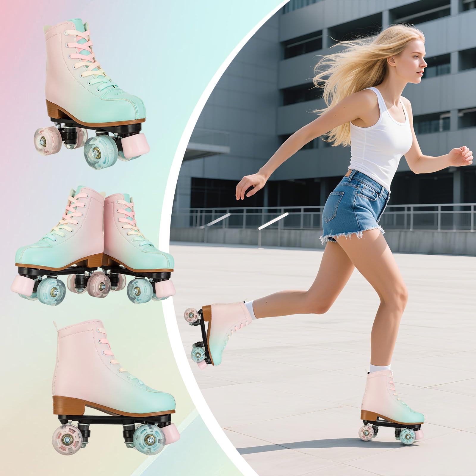 Gets Patins à roulettes pour femme - En cuir synthétique - Quatre roues - Double rangée brillante - Pour intérieur et extérieur