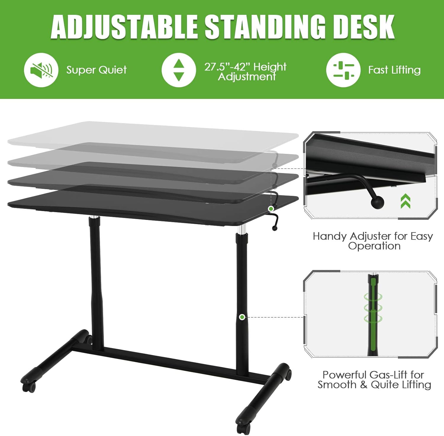 Tangkula Mobile Standing Desk Computer Desk, Height Adjustable Stand Up Table with 4 Wheels, Rolling Compact Standing Desk with Steel Frame, MDF PVC Tabletop, Ideal for Home Office (Black)