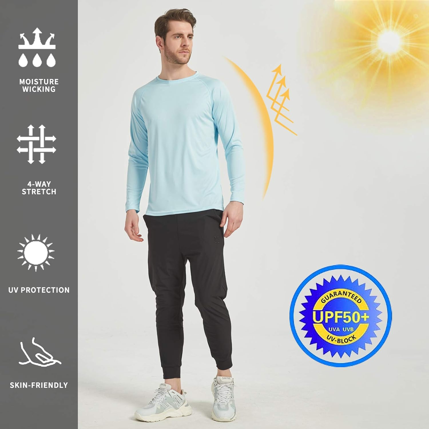 Men's Outdoor Long Sleeve T-Shirt Quick Dry Athletic Running Shirts UPF 50+ Sun Protection Light Blue M