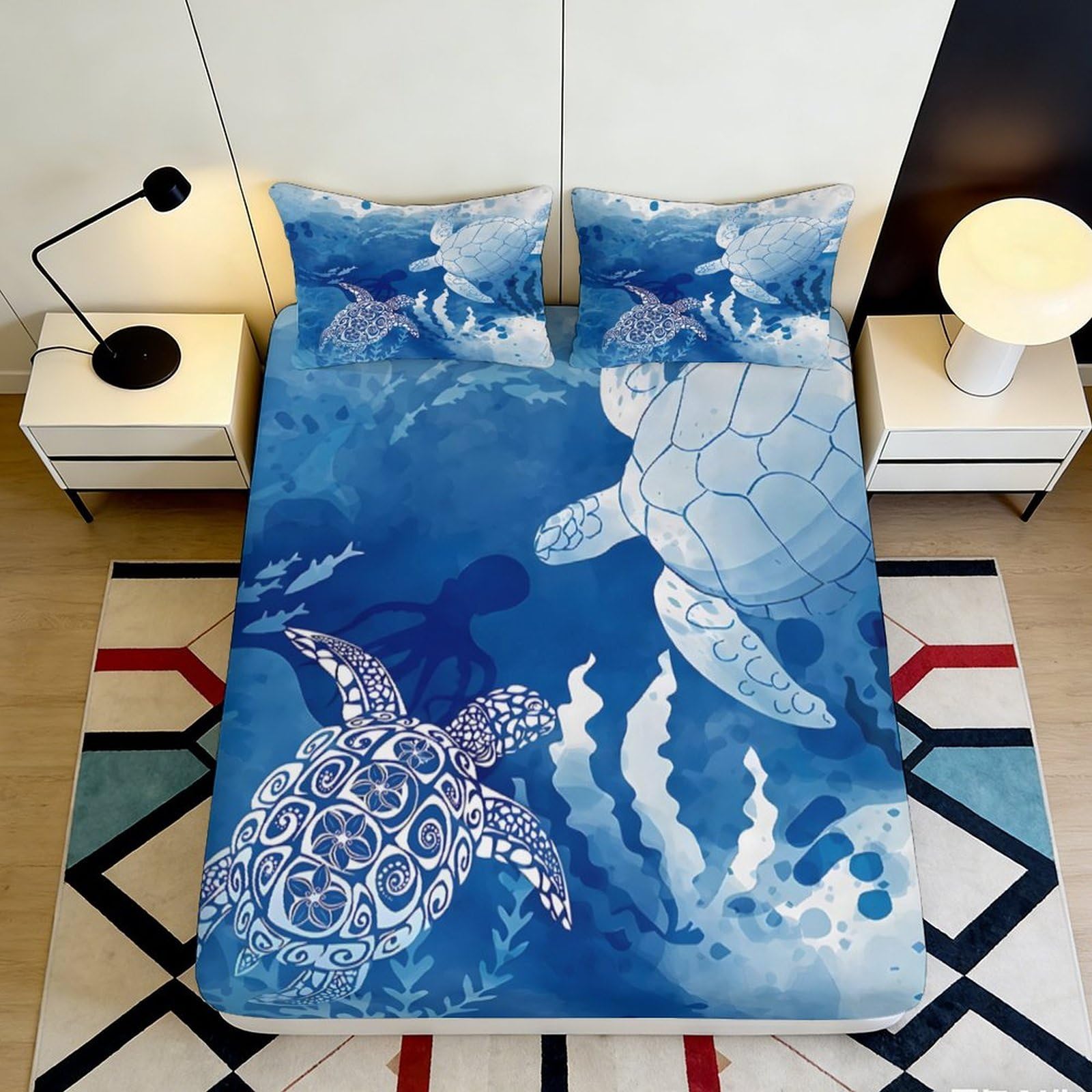 3D Printed Ocean Turtle Fitted Sheet Microfiber Blue Sea Life Mattress Cover for Bedroom Dorm Protection Decor 120x200x25cm