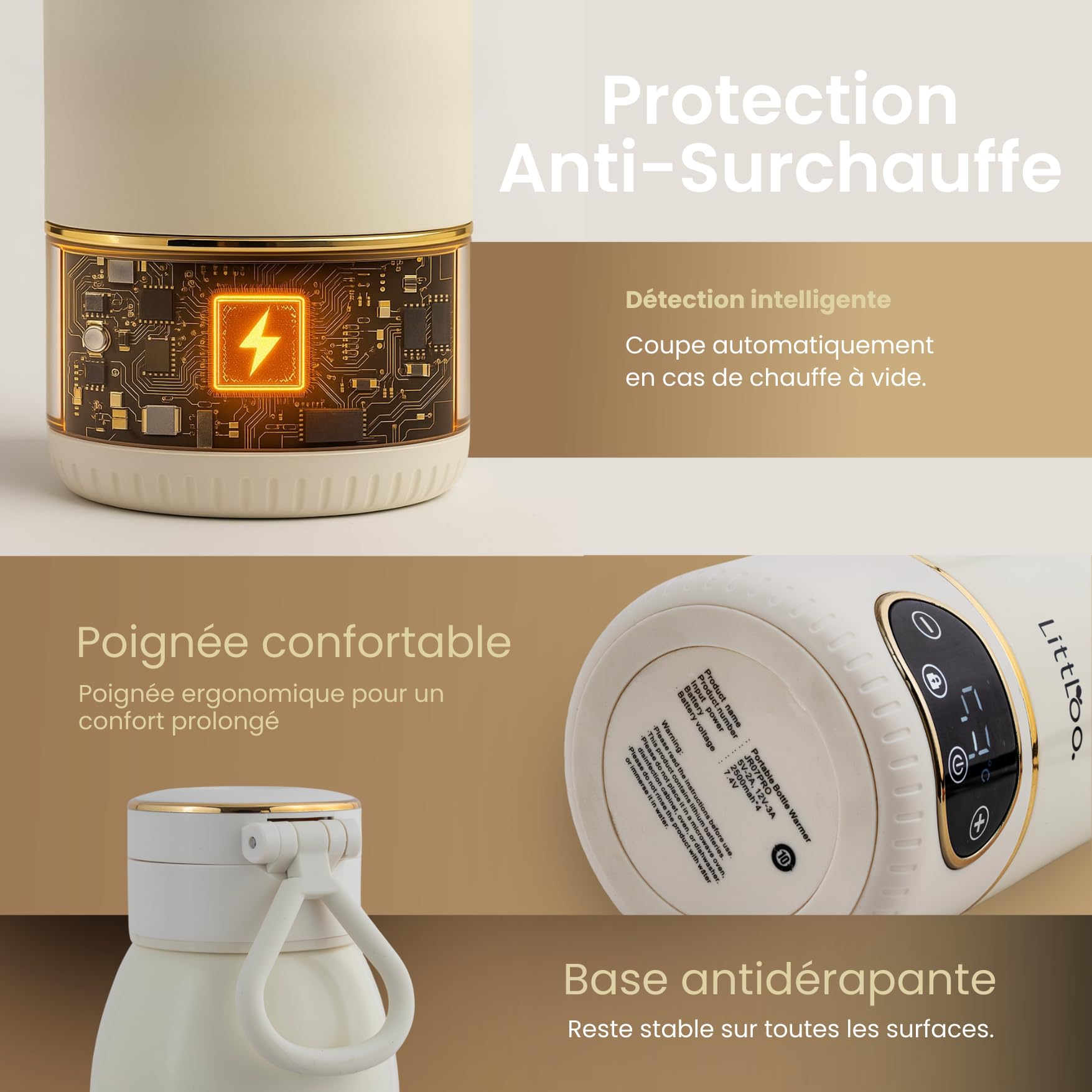 LittLoo Chauffe Biberon Sans Fil Portable, 500ml, Nomade USB-C, Température Réglable 35-65°C, Pasteurisation, Inox SUS316 Sans BPA, Autonomie 8 Biberons, Voyage Voiture Nuit, Lait Maternel