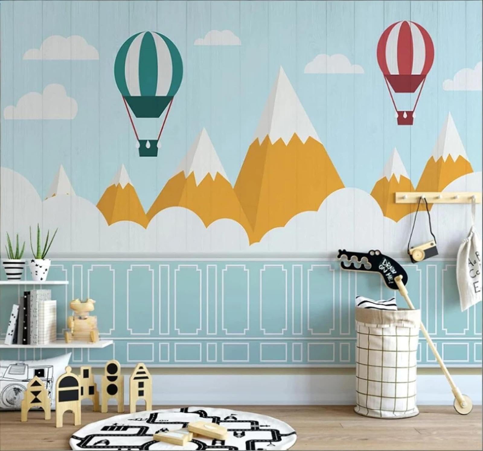 Cartoon Blue Hot Air Balloon Mountain Peaks White Clouds 3D Wallpaper Easy Install Feature Office Living Room Sofa Bedroom TV Background Wall Decoration-200cm×140cm