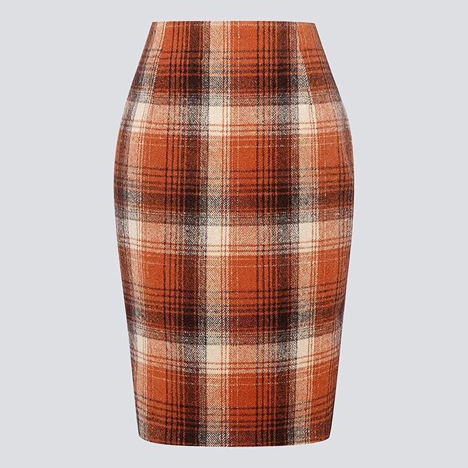 Jupe crayon midi taille haute gris foncé à carreaux en pure laine