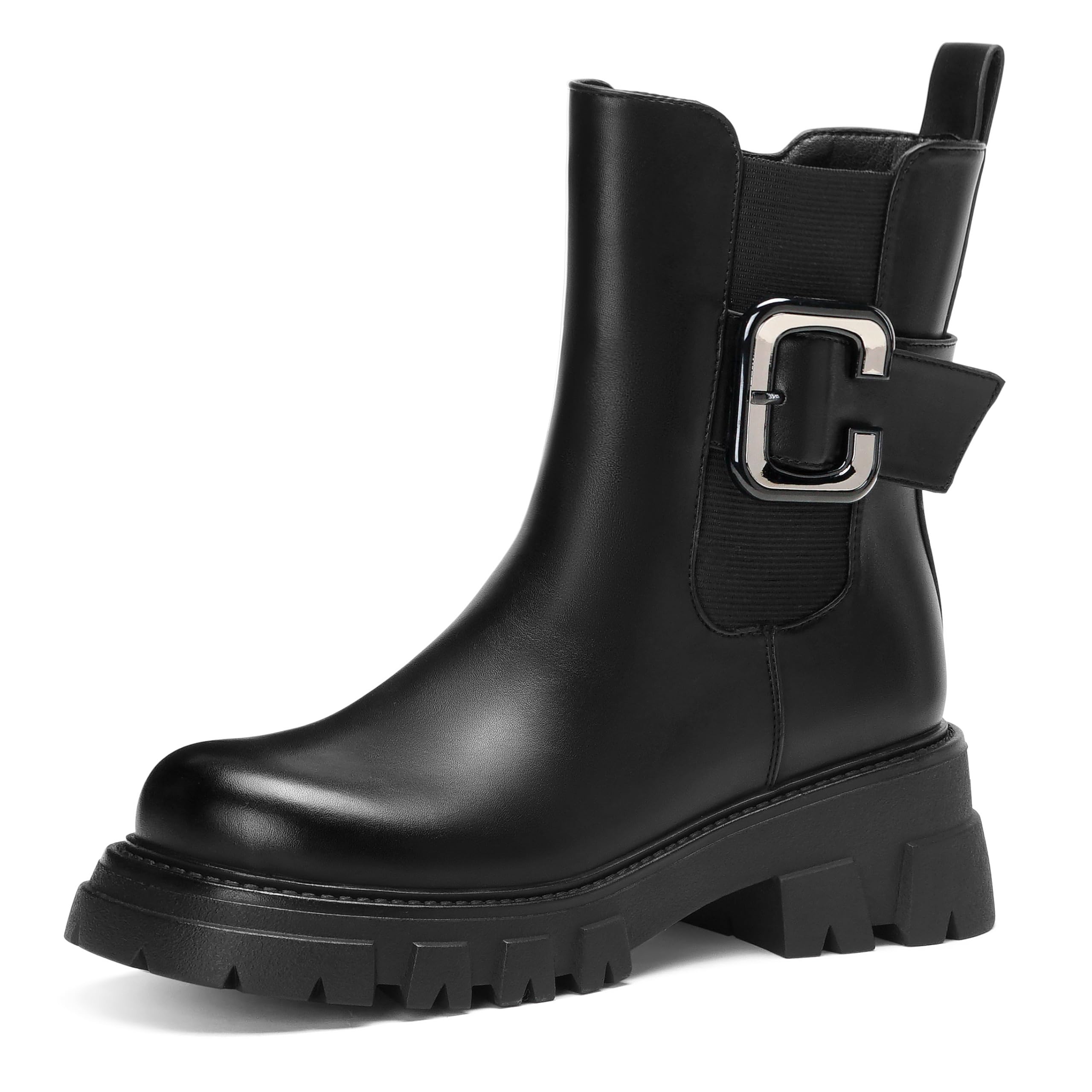 CouieCuies Black Chelsea Boots for Women Round Toe Chunky Thick Motorcycle Boot Comfortable Gothic Boots Zipper